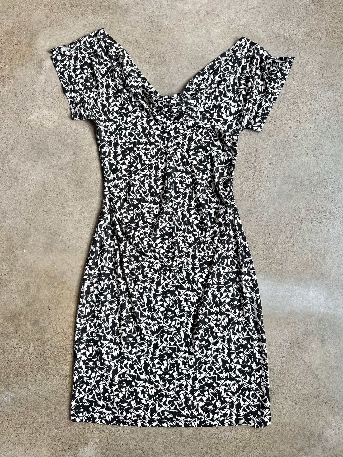Vintage 1990s Diane Von Furstenberg Black & White Abstract Pattern Cowl Neck Fitted Dress | Small