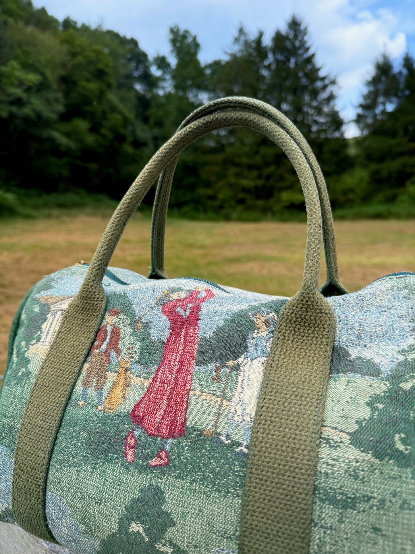 Vintage 1980s Top Handle Golf Tapestry Handbag