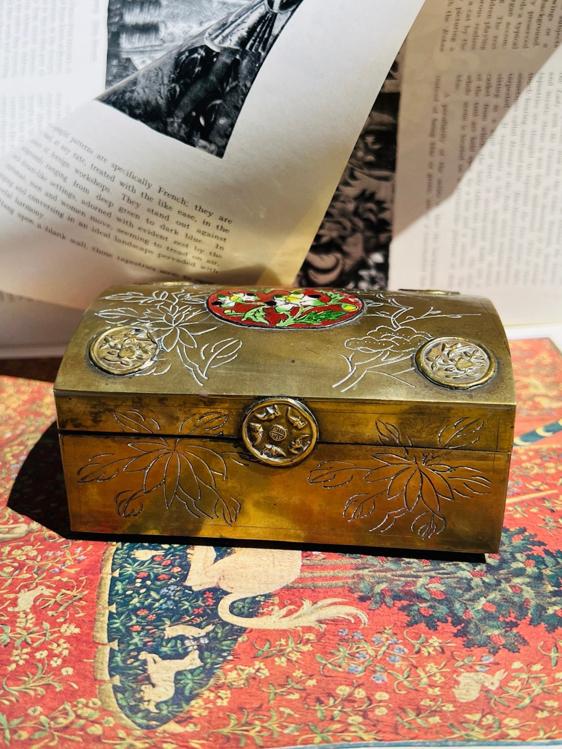 Vintage 1950s Brass Floral Painted Inlay Trinket Box