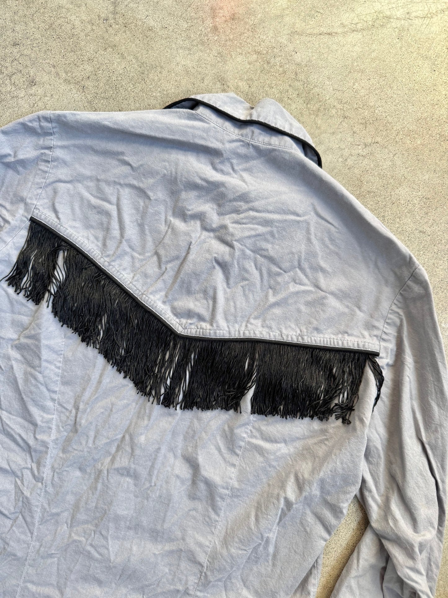 Vintage 1970s Grey & Black Fringe "Dancers" Western Shirt | Large