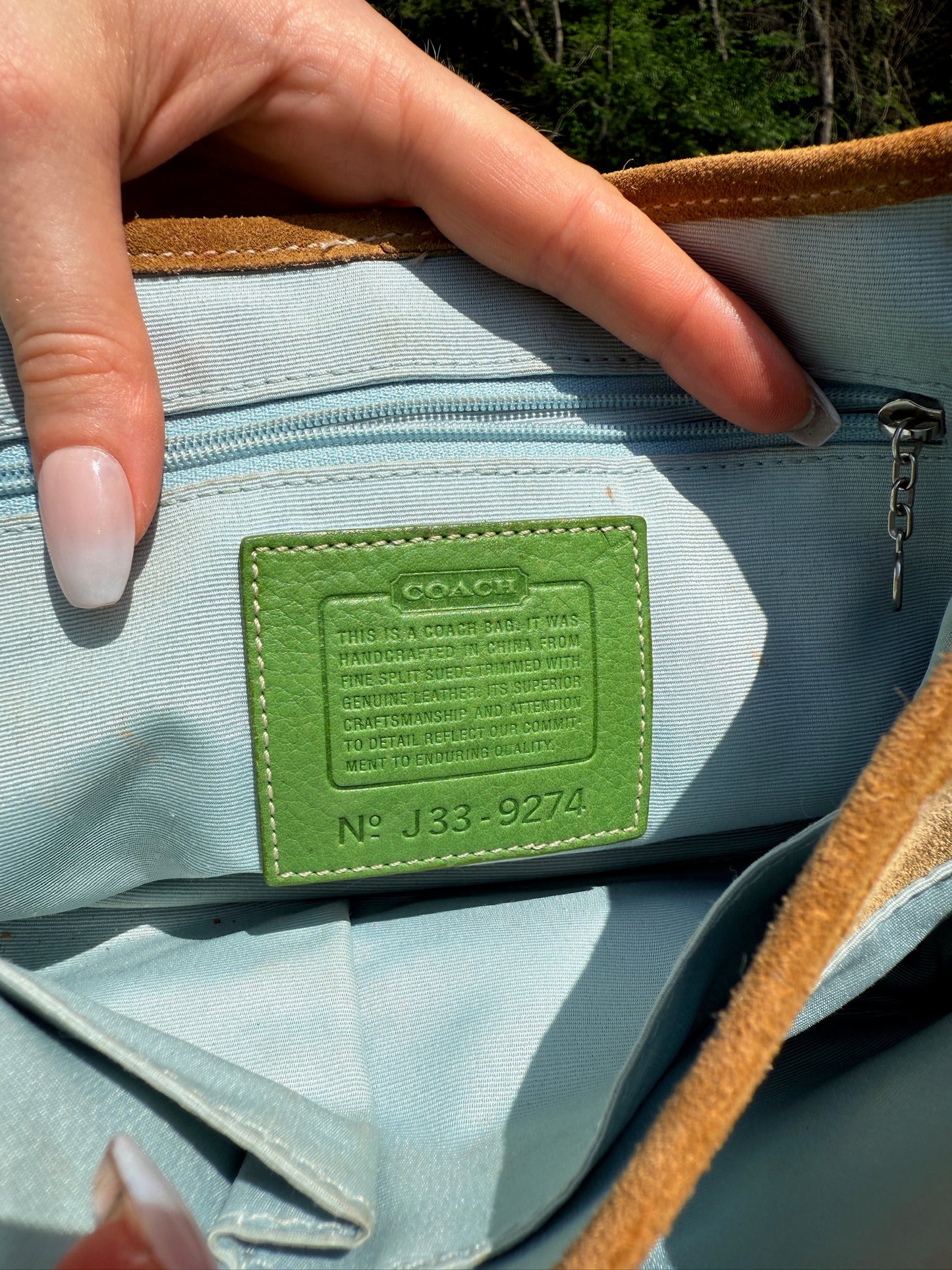 Y2K Coach Tan Suede Leather Green Accent Crossbody Bag