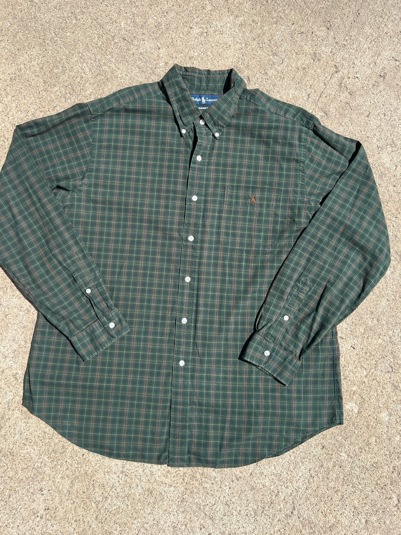 Vintage 1990s Ralph Lauren Green Plaid Cotton Button Down Shirt | XL
