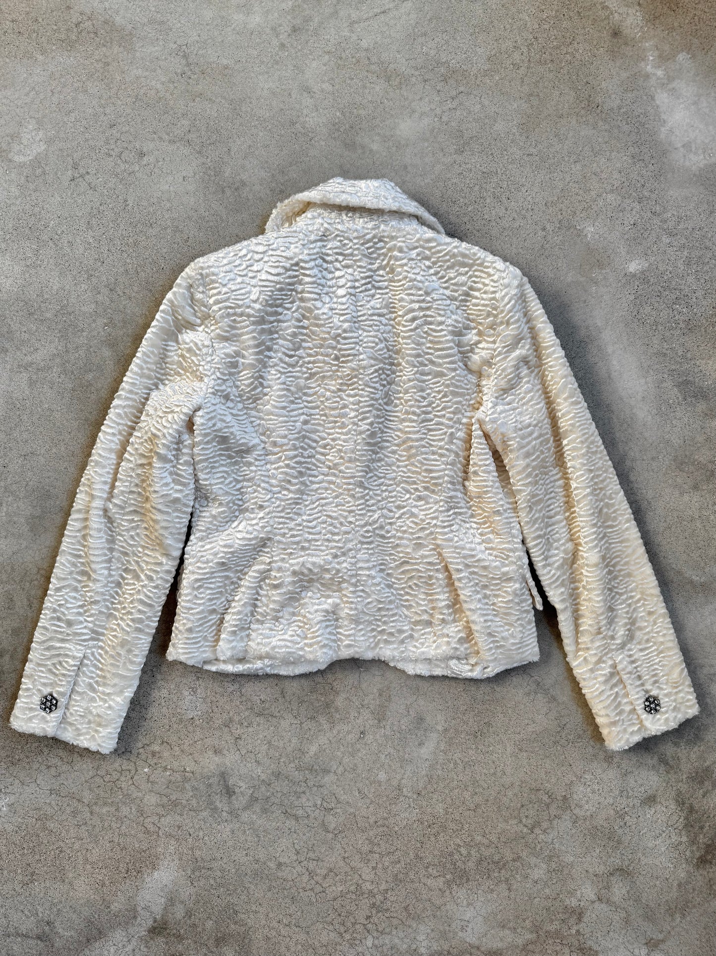 Vintage White Faux Fur Rhinestone Button Jacket | Small
