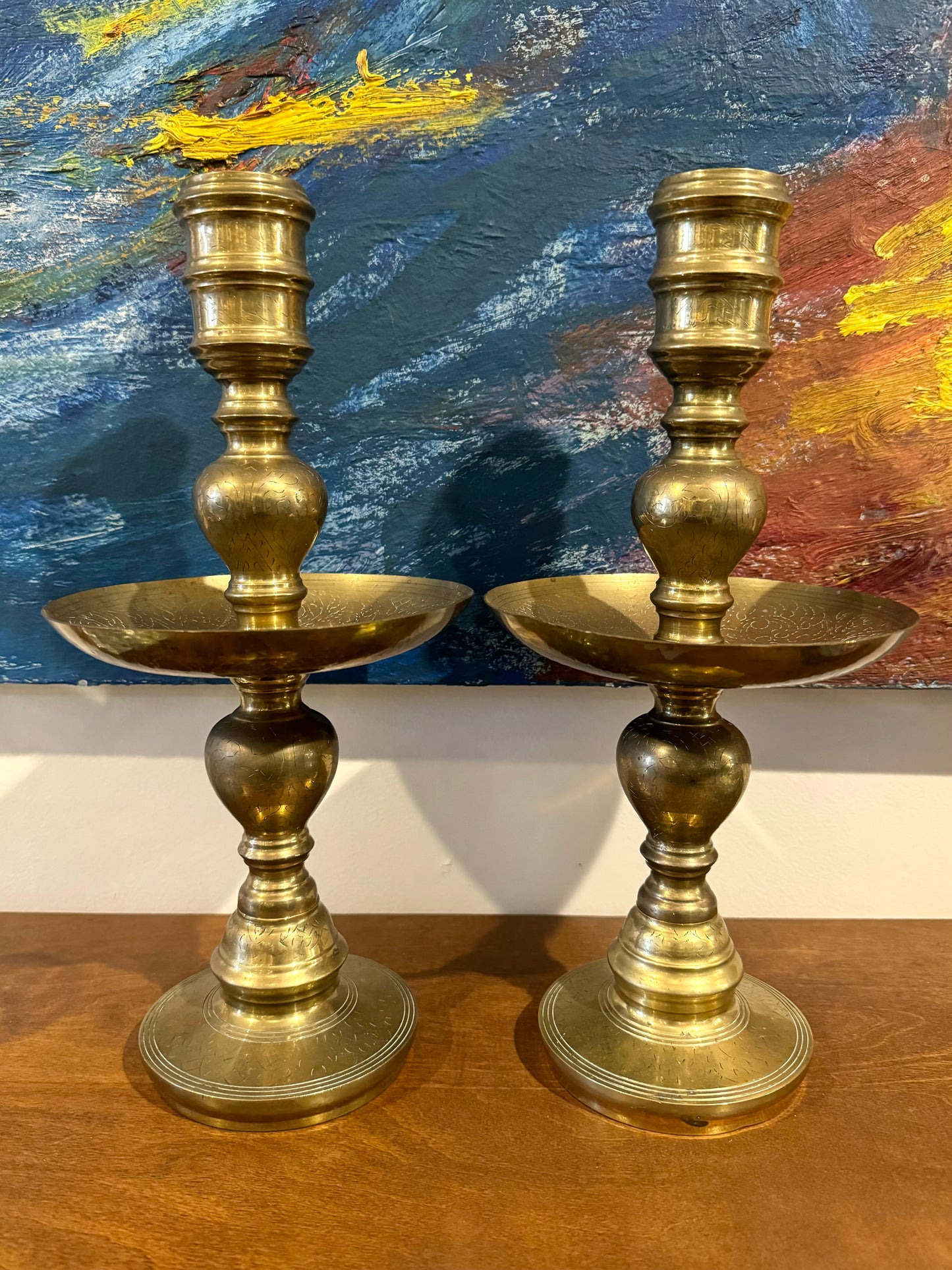 Vintage Etched Brass Candlesticks | Set of 2