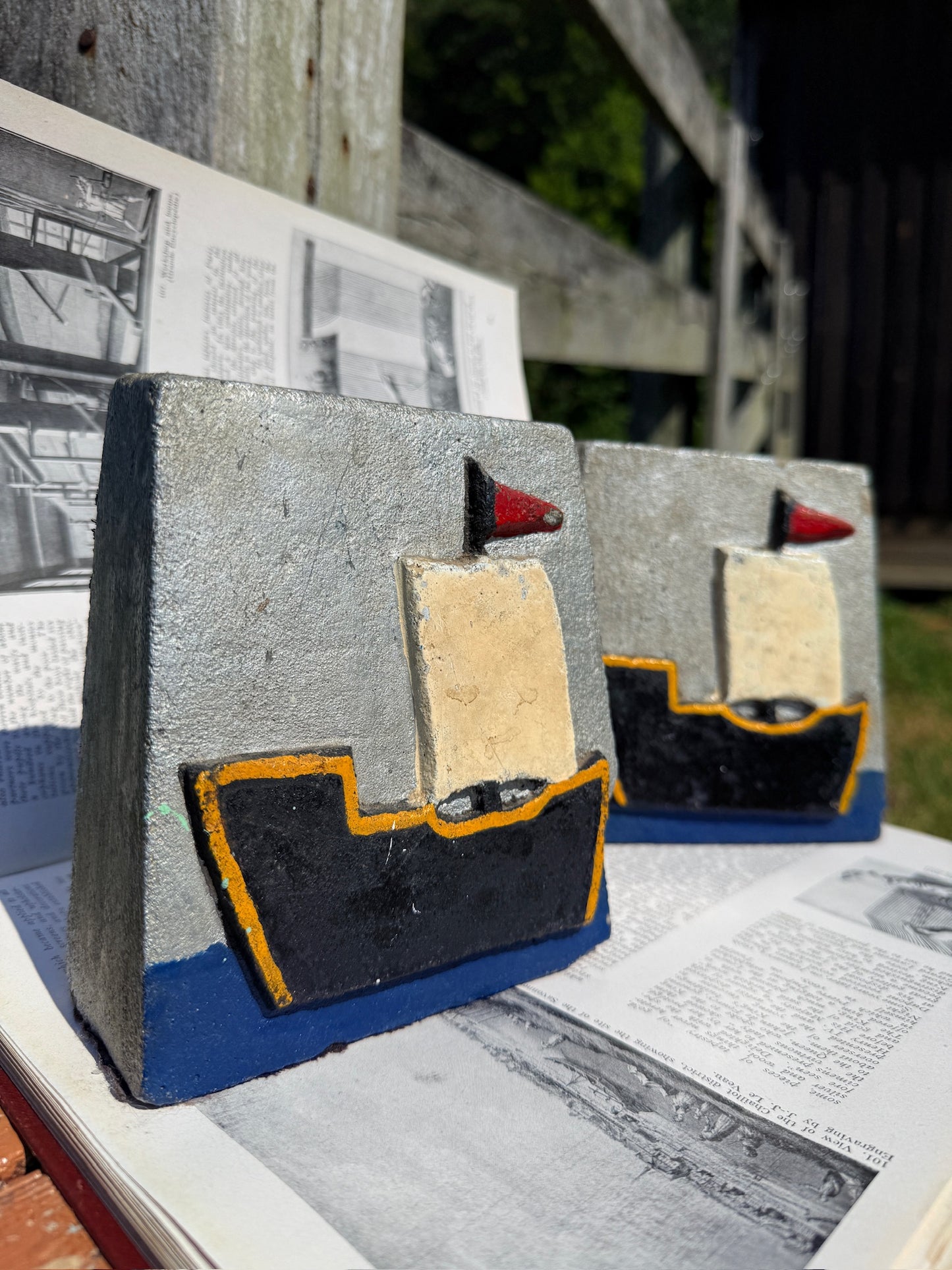 Vintage 1970s Stone Carved Sailboat Bookends | Set of 2