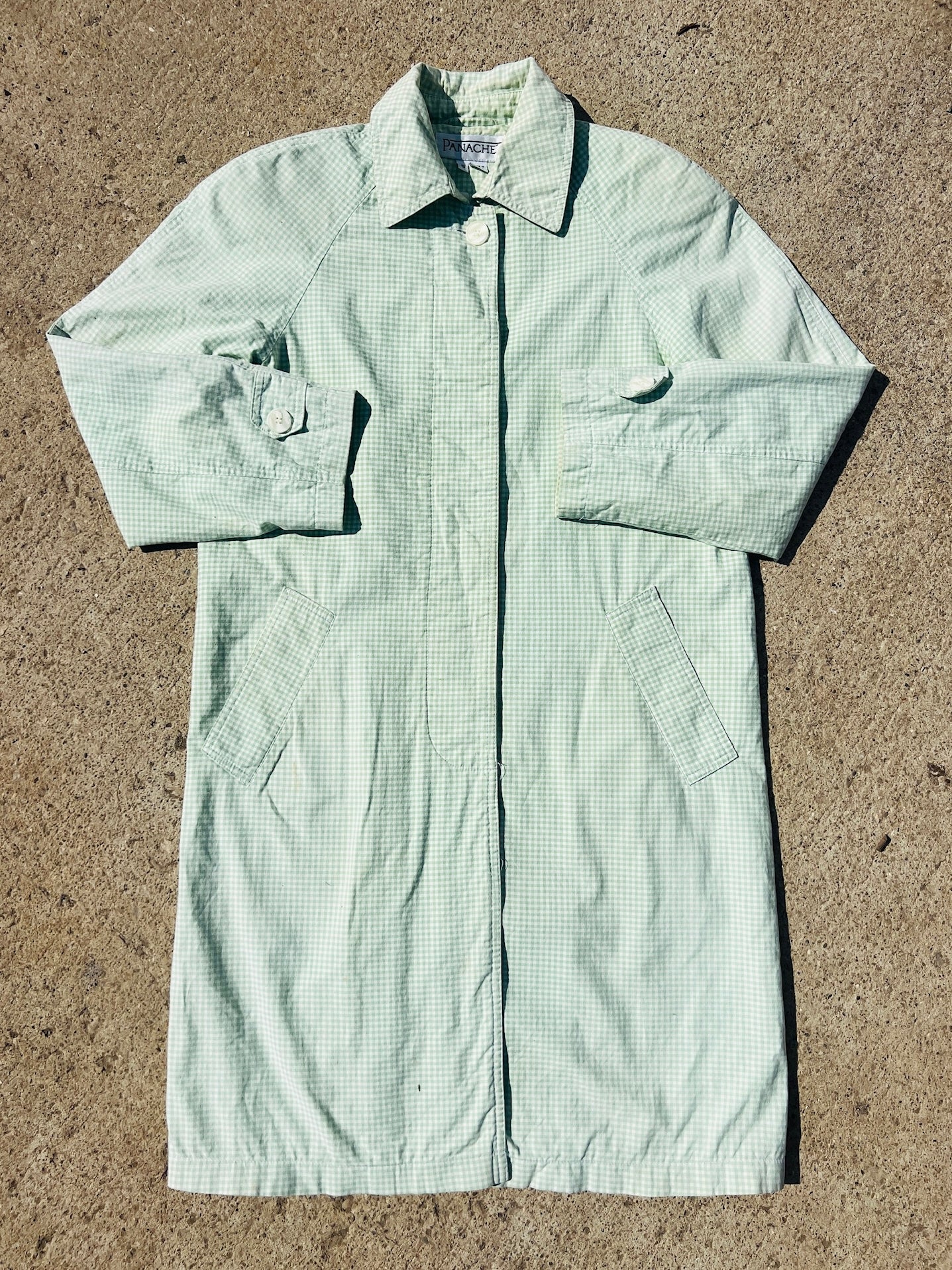Vintage 1980s Panache Green Gingham Cotton Trench Coat | Small