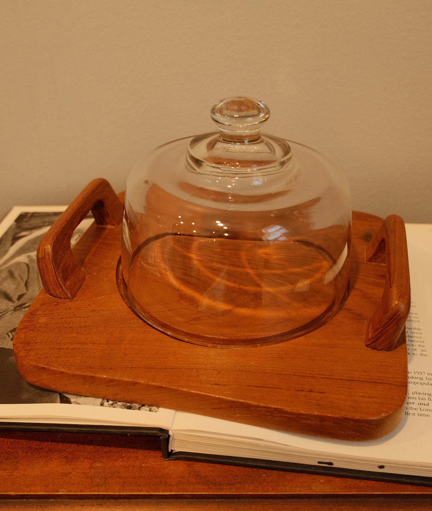 Vintage Danish Teakwood Cheese Board & Glass Dome