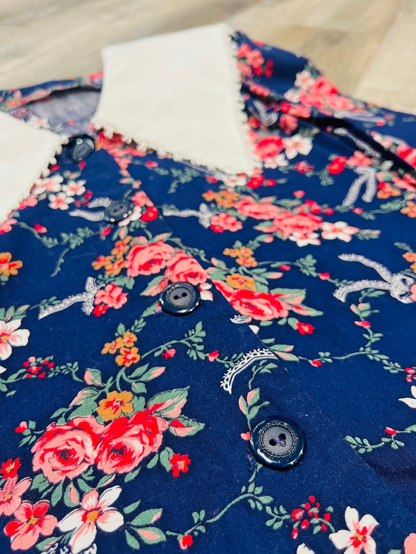 Vintage Lace Collar Navy Floral Drop Waist Dress | XS/S