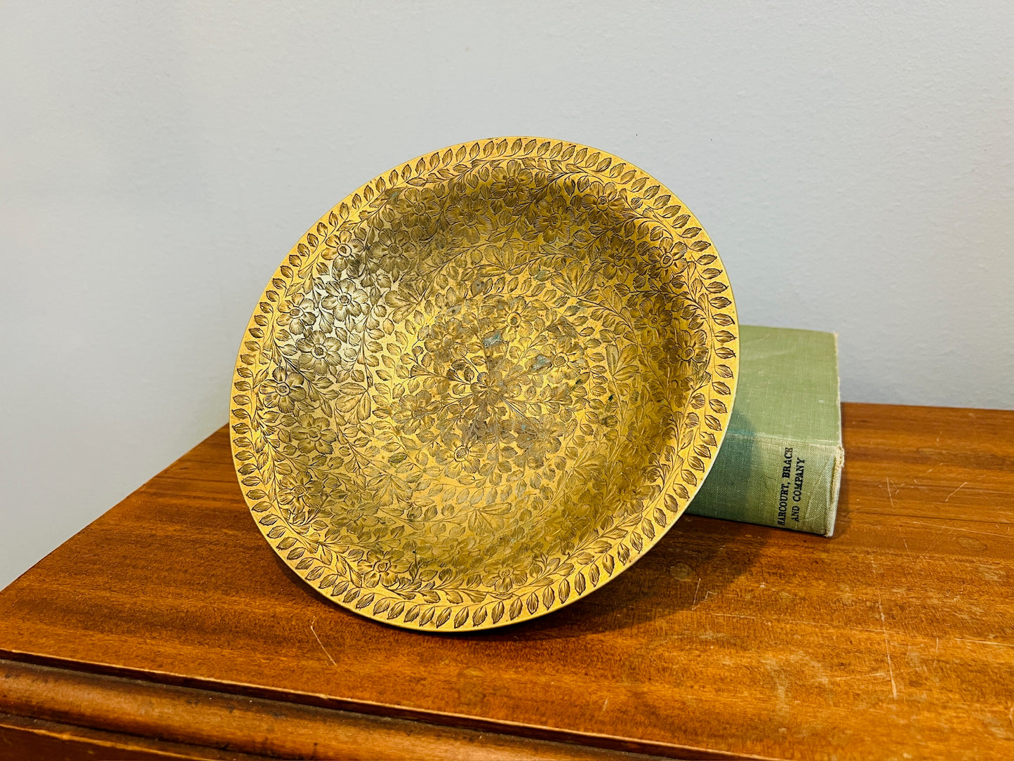 Vintage 1950s Brass Etched Pedestal Bowl