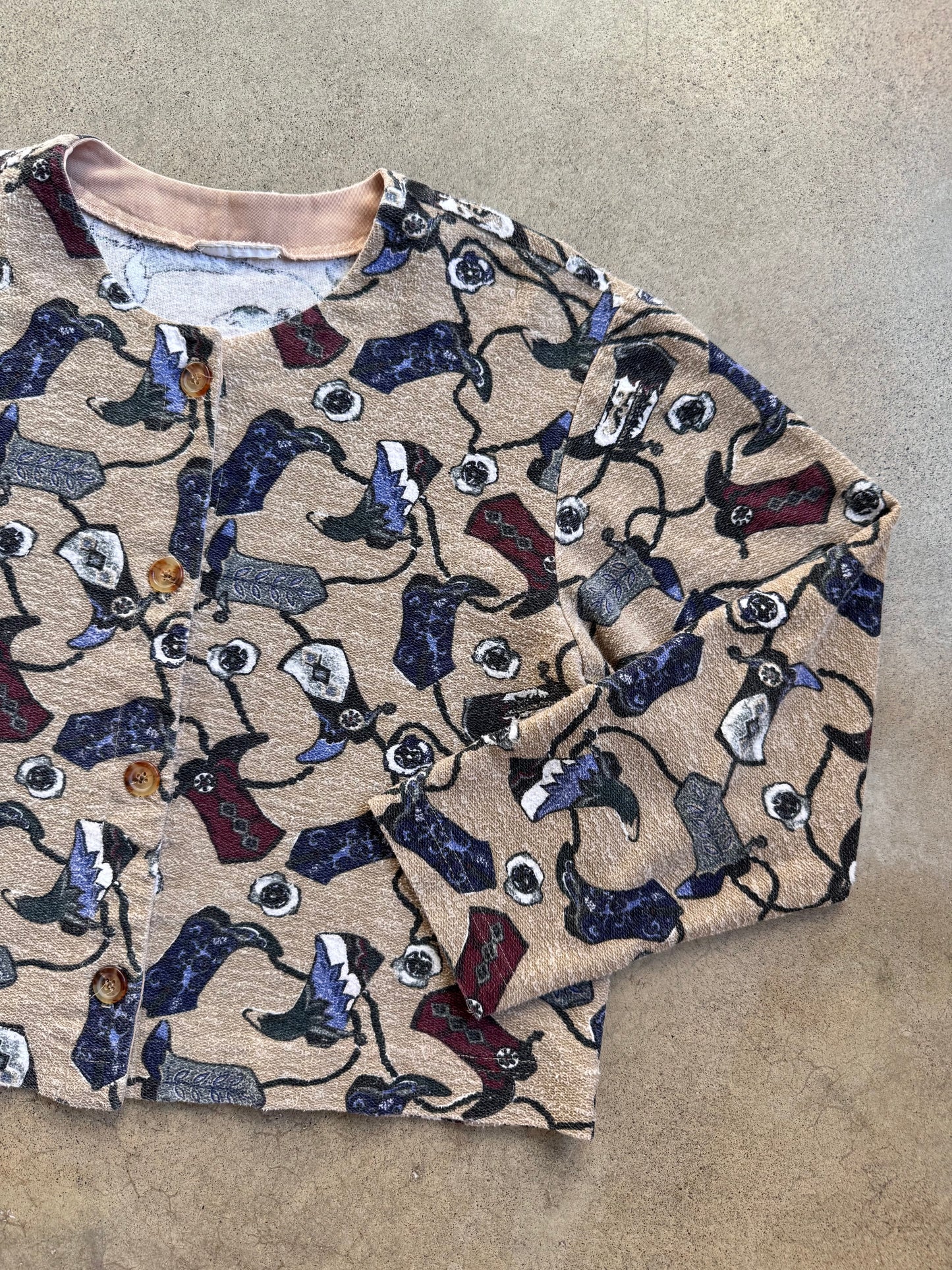 Vintage 1990s Cowboy Boot Printed Button-Up Cardigan | Large