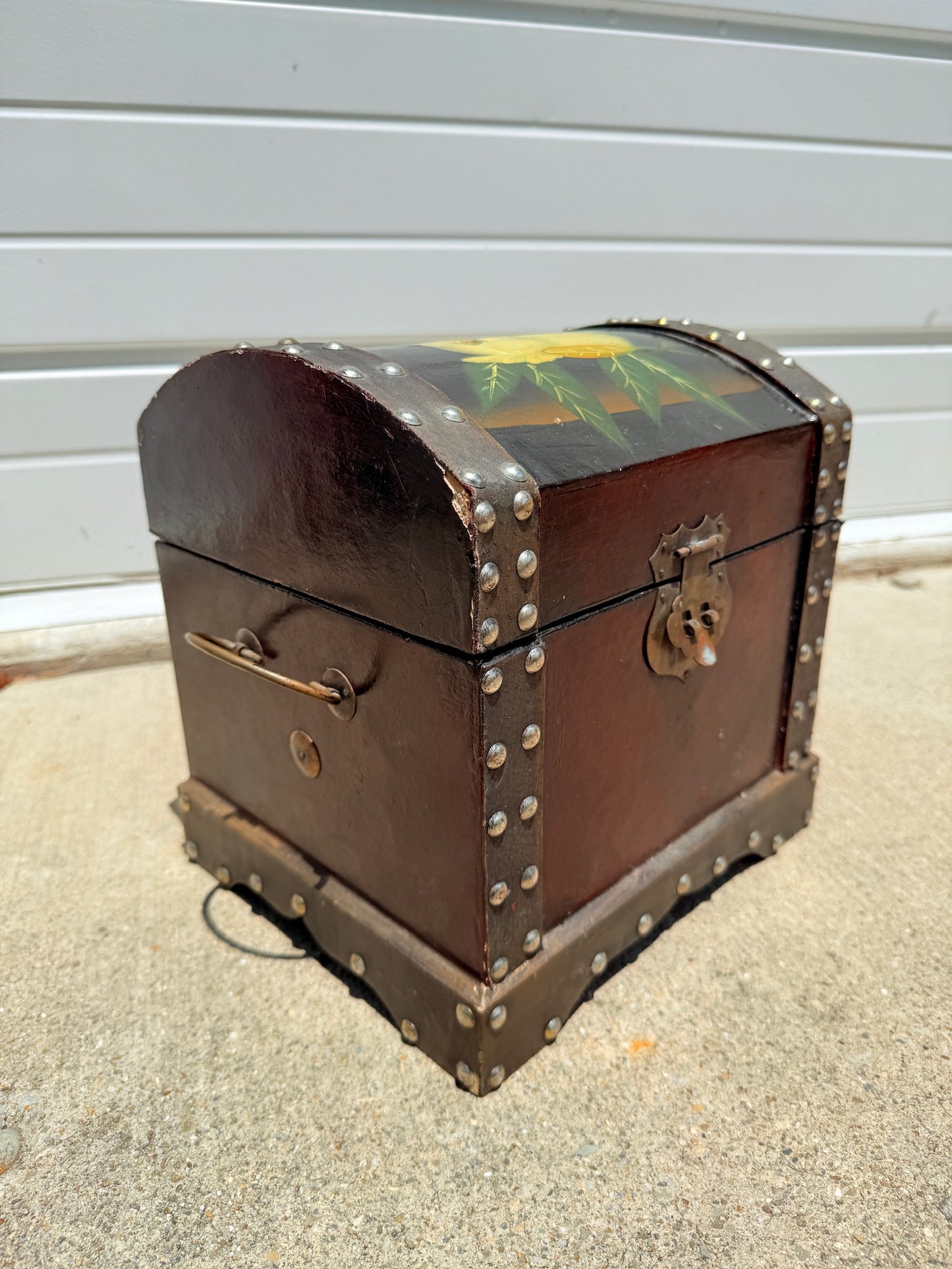 Vintage 1950s Hand-Painted Floral Small Wooden Chest