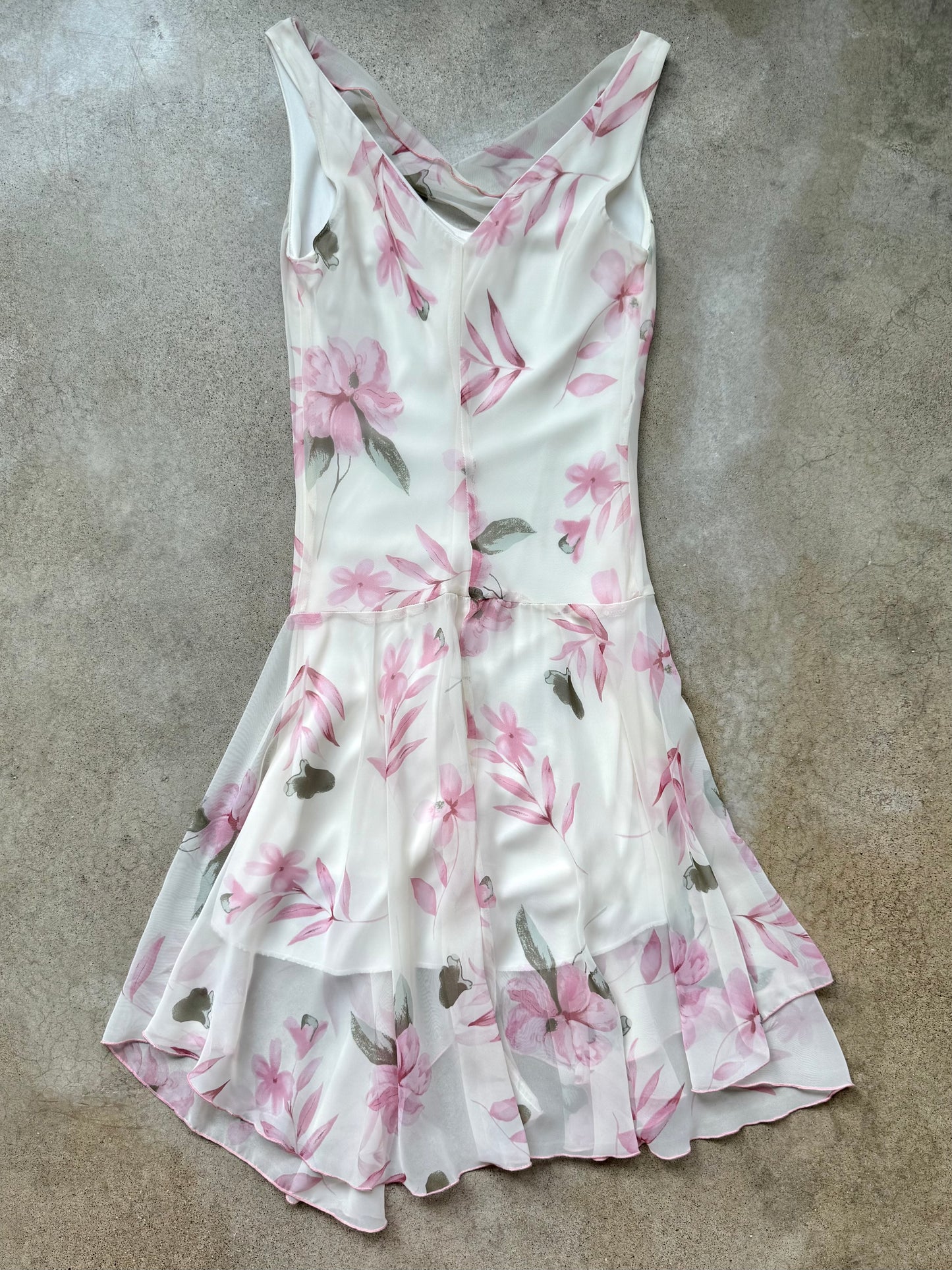 Vintage Y2K White & Pink Floral Print Chiffon Cowl Neck Sleeveless Dress | XS