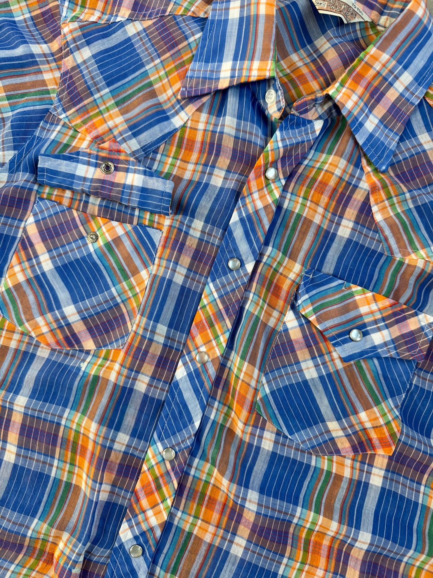 Vintage 1970s Sears Blue & Orange Plaid Western Pearl Snap Short Sleeve Shirt | Medium