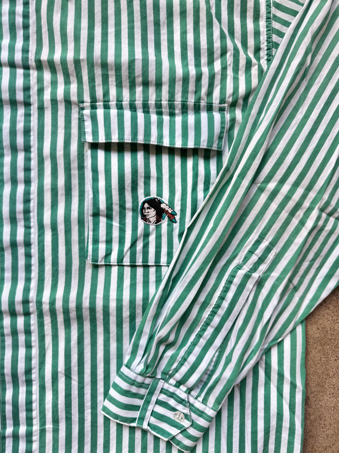 Vintage 1980s Cherokee Green & White Striped Utility Shirt | Medium