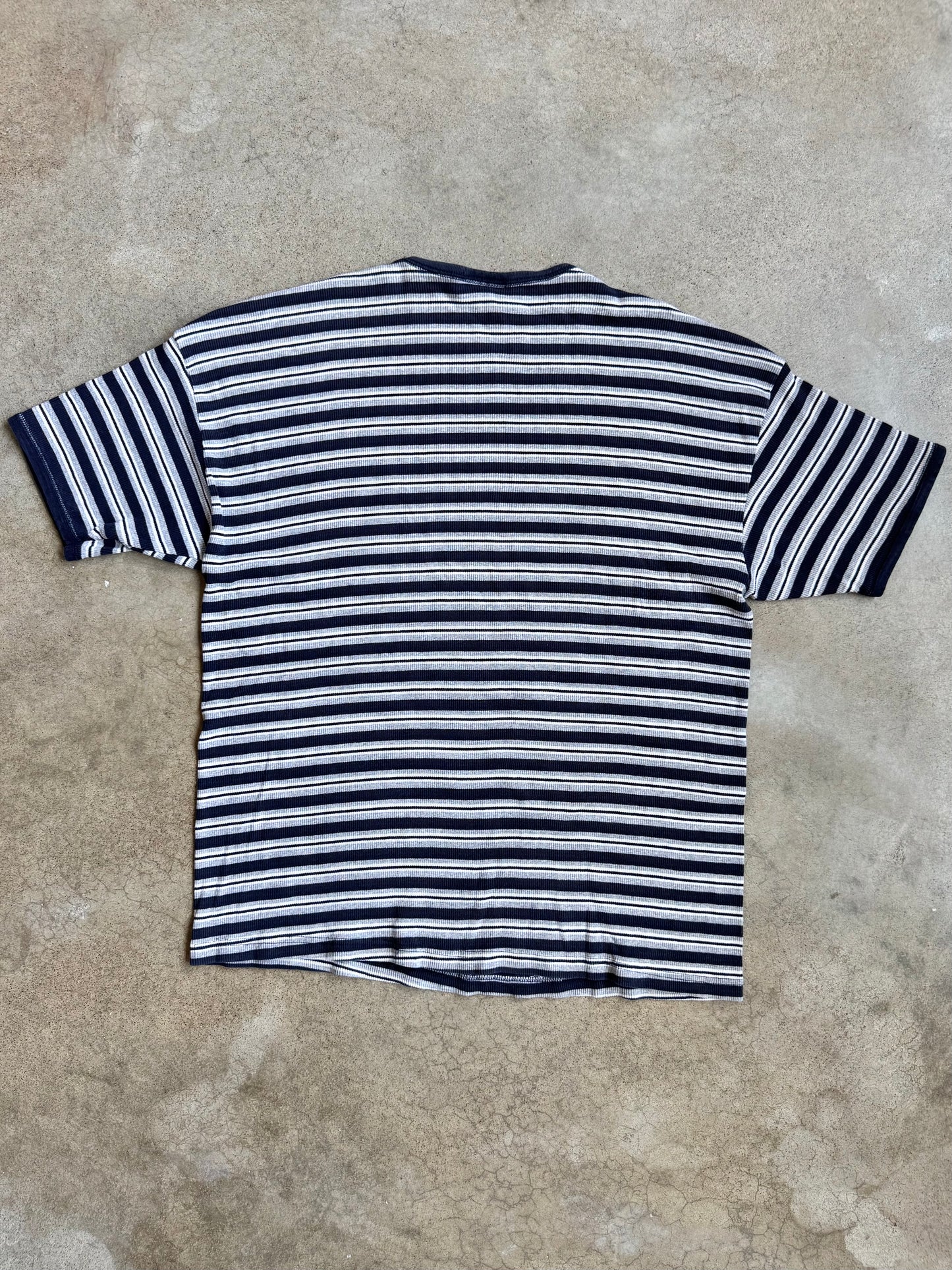 Vintage 1990s Ragz Navy Blue Striped Cotton Ribbed Tee | XL