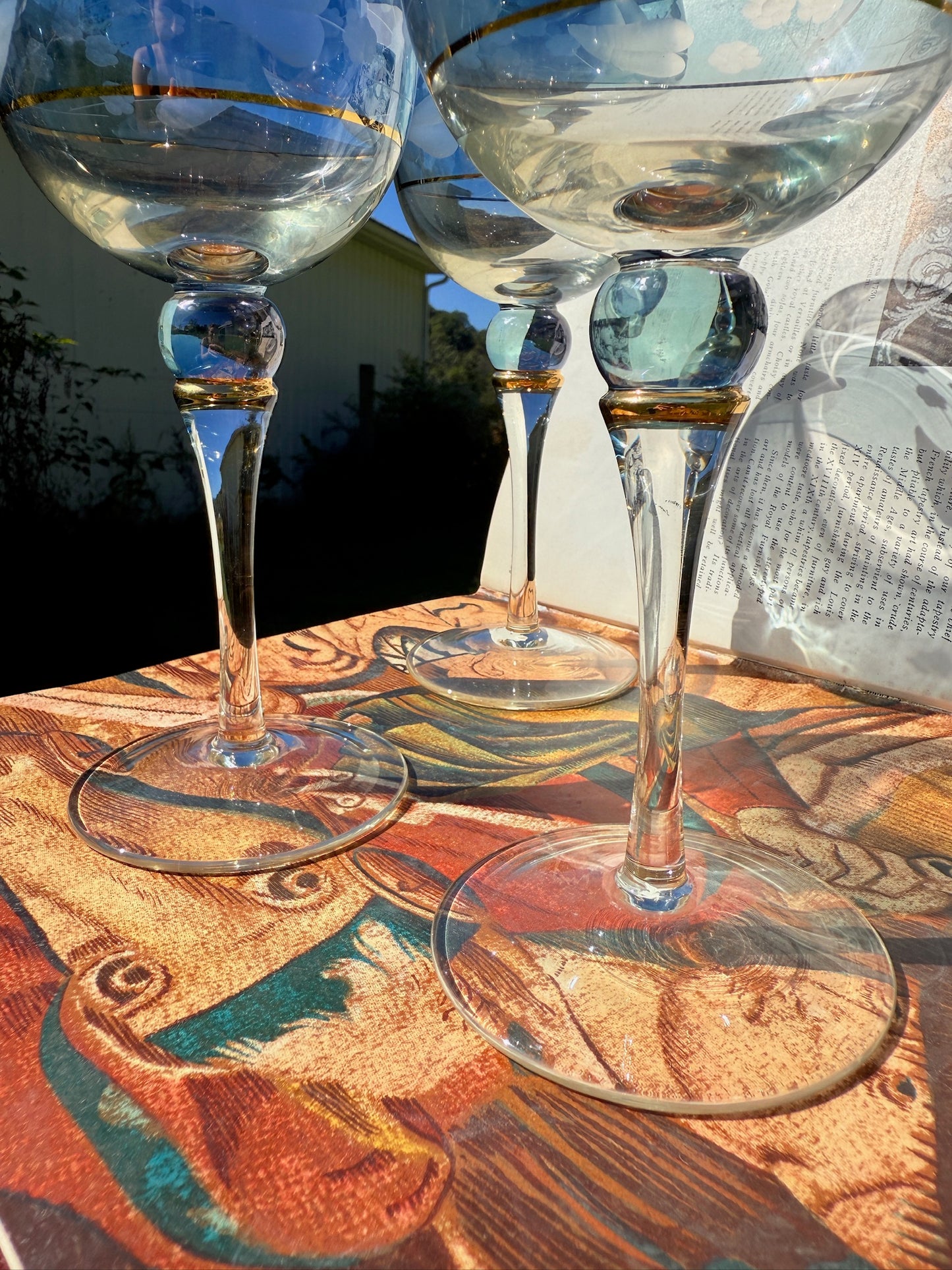 Vintage 1970s Crystal Clear Ind. Katherine Blue Floral Stemmed Goblet Wine Glasses | Set of 4