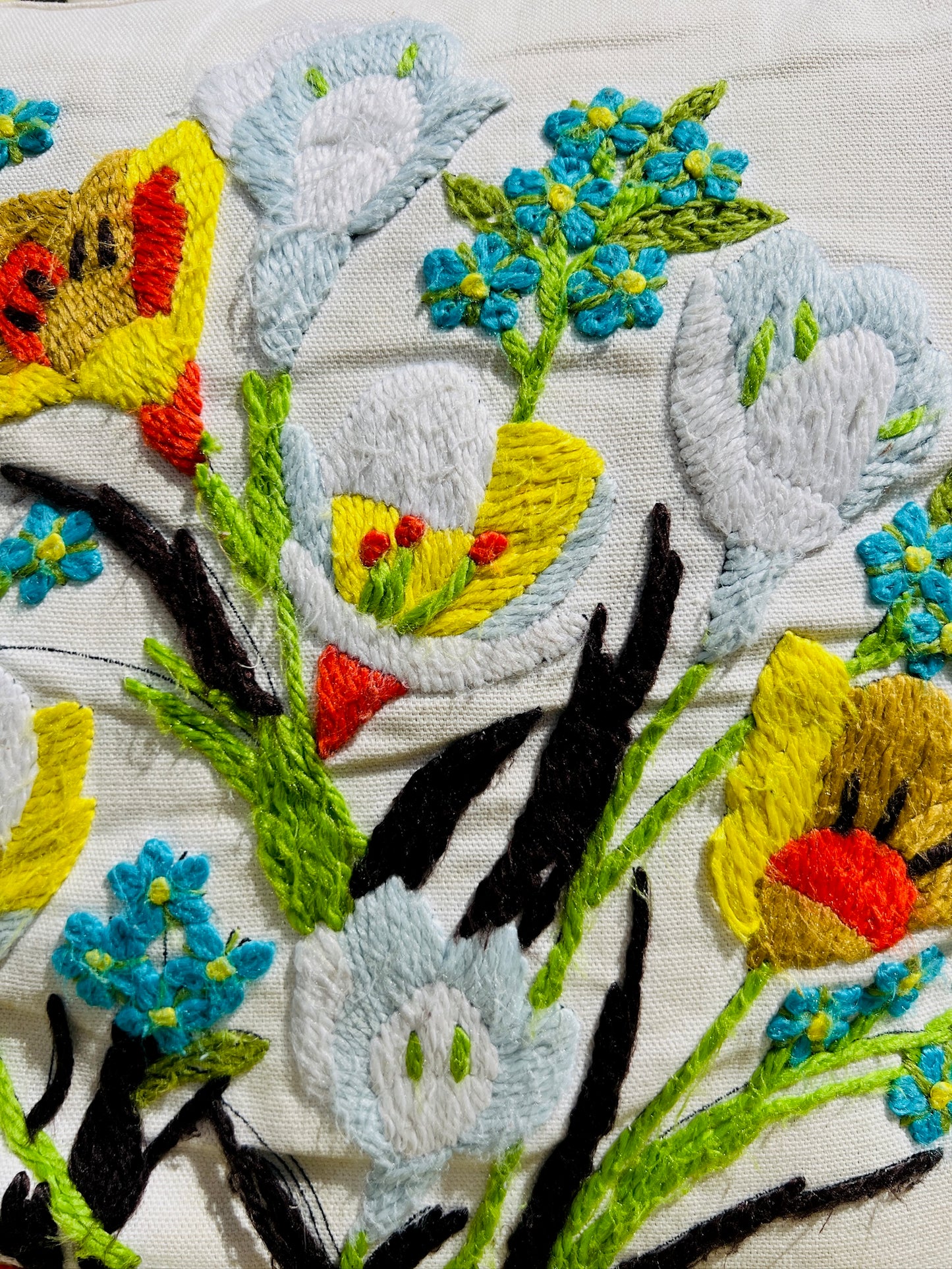 Vintage 1970s Crewel Embroidery Floral Throw Pillow