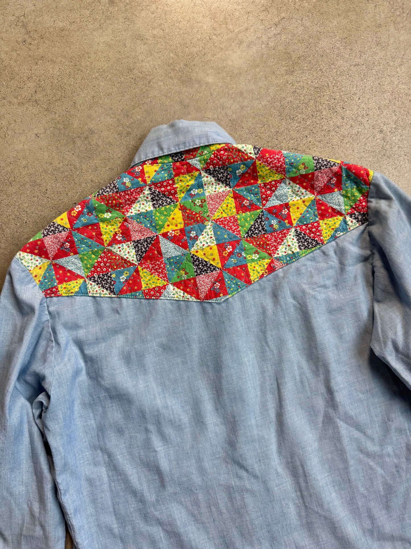 Vintage 1960s Handmade Quilted Patchwork Chambray Button-Up Shirt | Medium