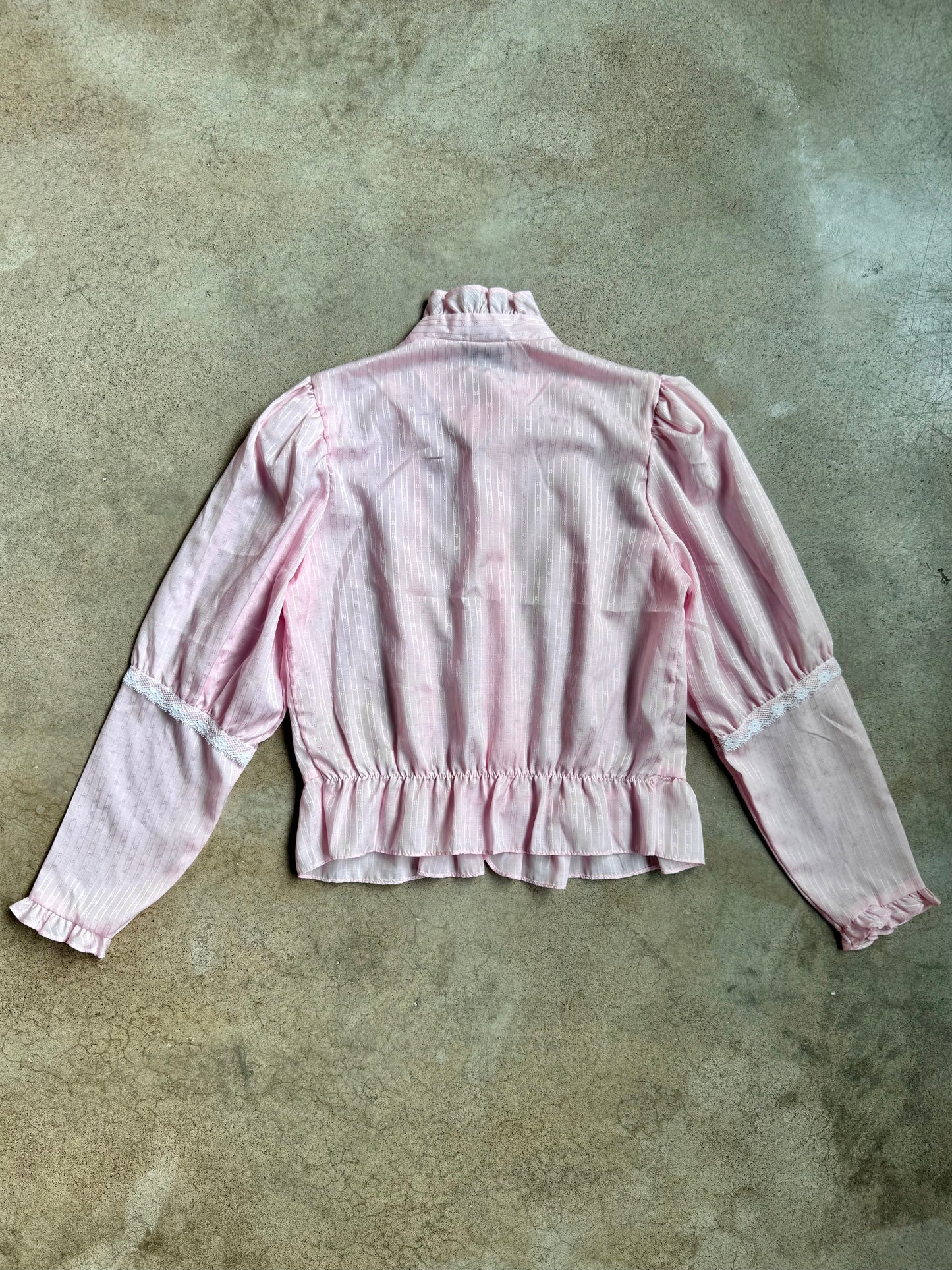 Vintage 1970s Topson Downs California Pink Lace Trim Ruffle Blouse | Large