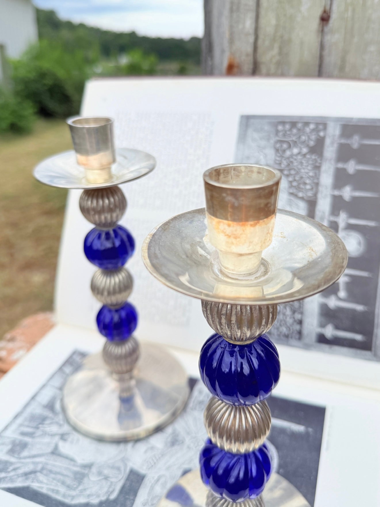 Vintage 1970s/80s Blue & Silver-Plated Stacked Orb Candlestick Holders | Set of 2