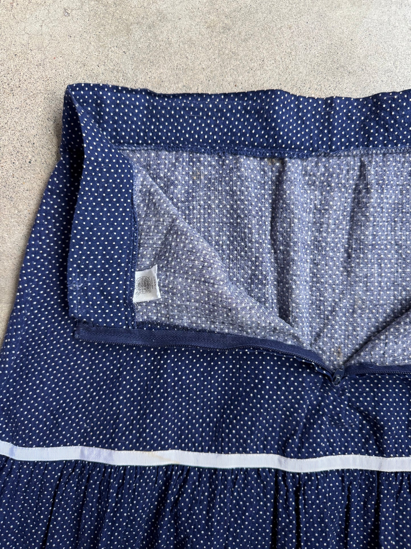 Vintage 1960s Blue & White Polka Dot Cotton Tiered Western Skirt | Waist 30”
