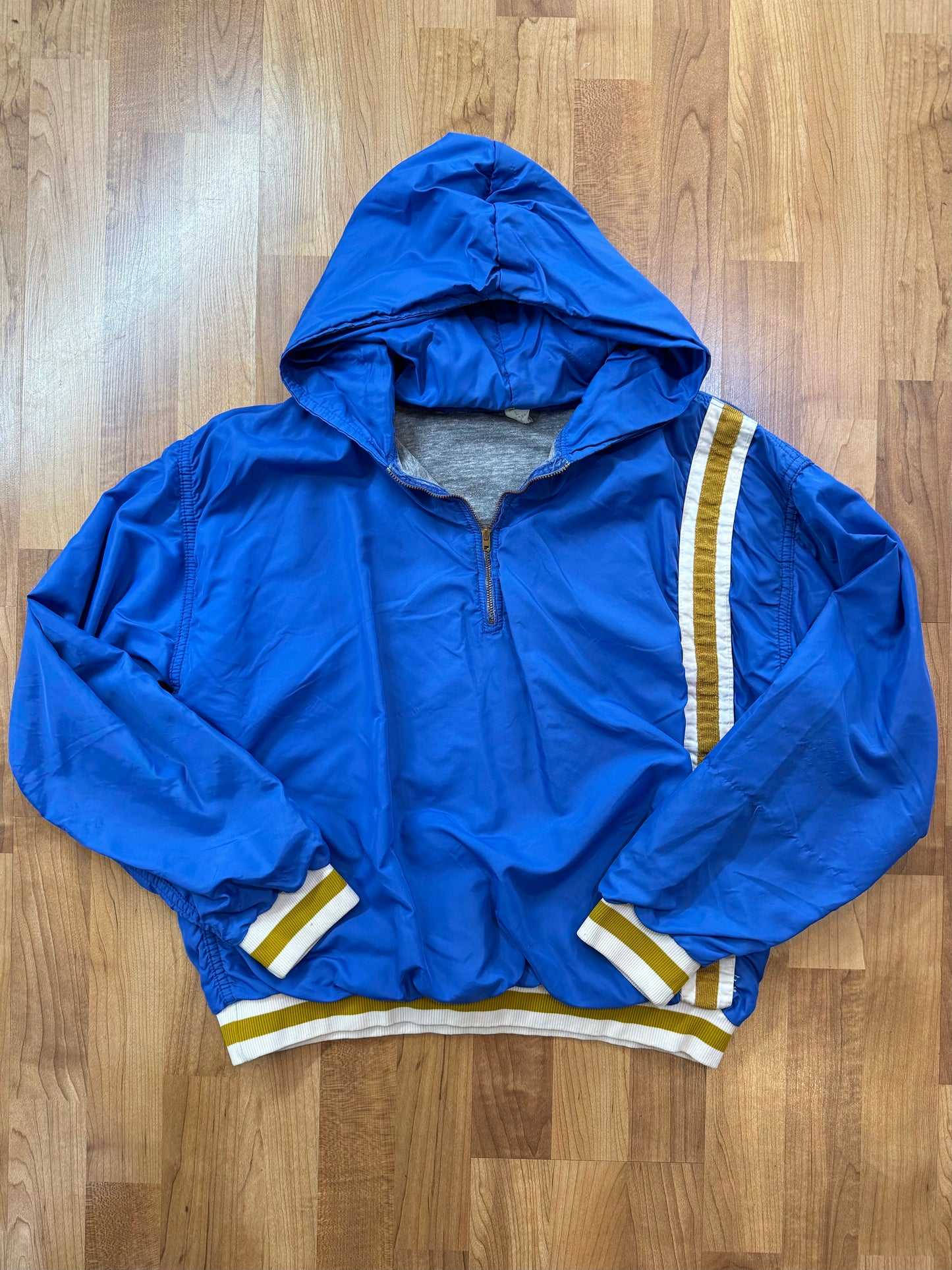 Vintage 1970s Blue Striped Half Zip Hooded Pullover Windbreaker | Large