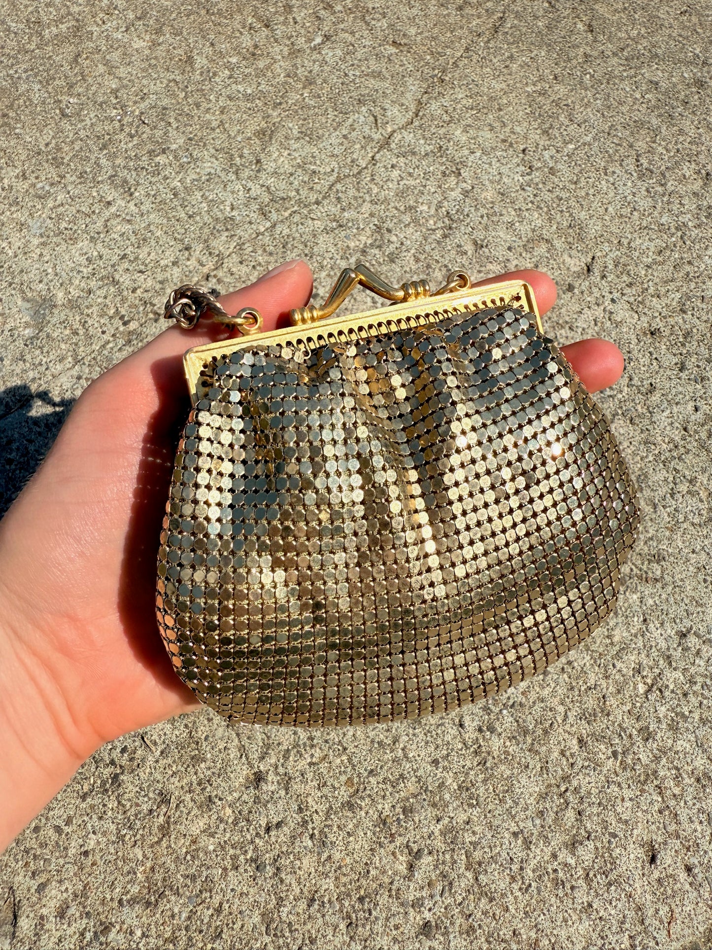 Vintage 1980s Whiting & Davis Gold Chainmail Crossbody Mini Evening Bag