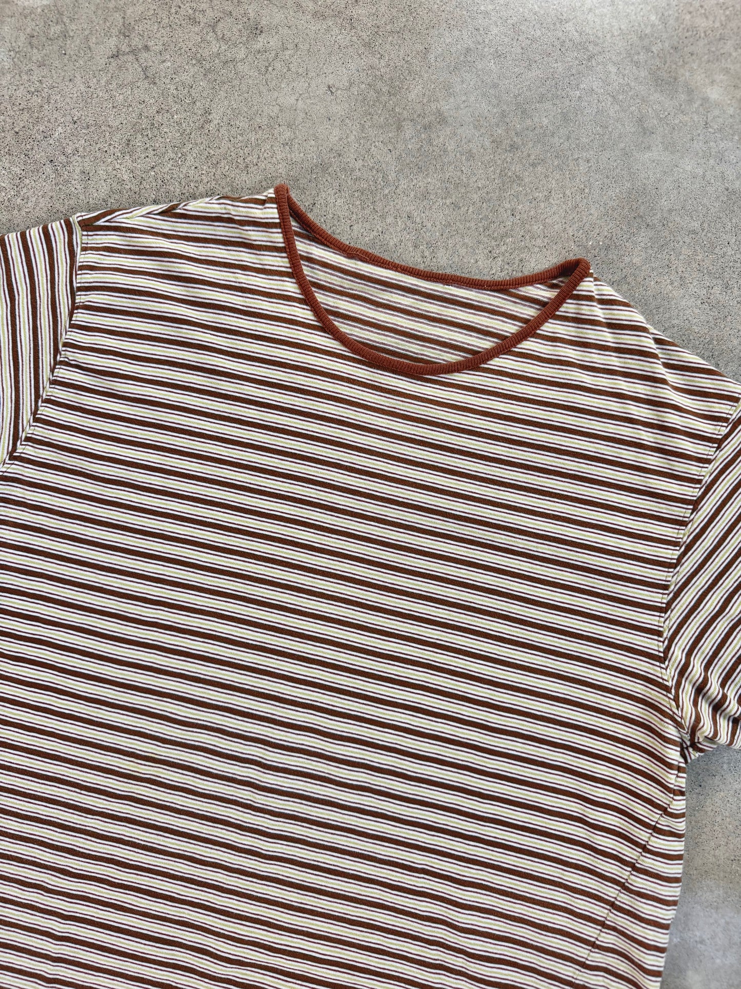 Vintage 1990s Brown-Tone Striped Crewneck Short Sleeve Tee | Large