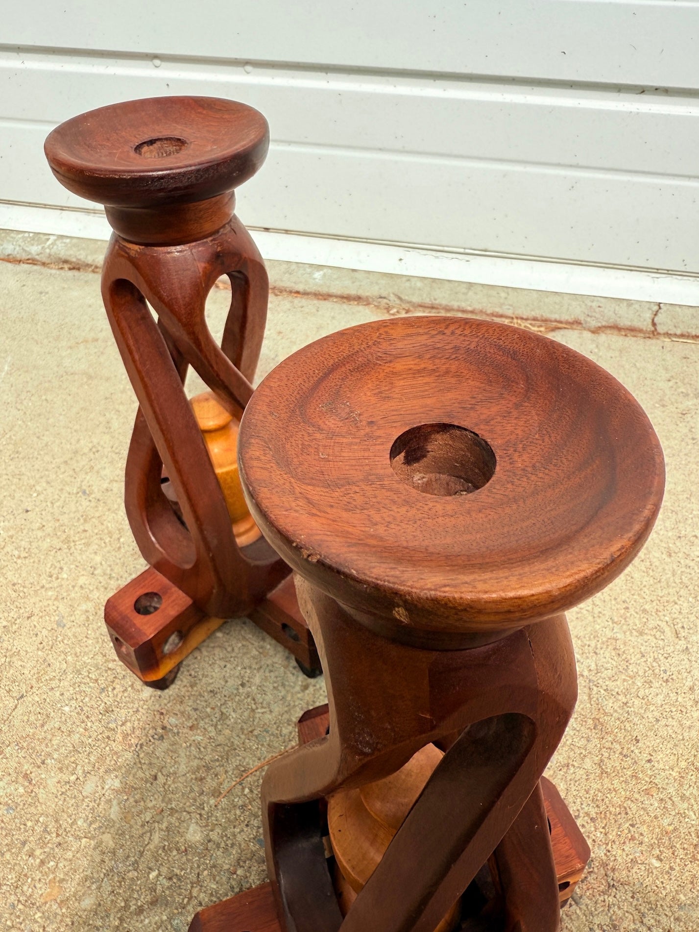 Vintage 1960s Hand-Carved Wood Spiral Candlestick Holders | Set of 2