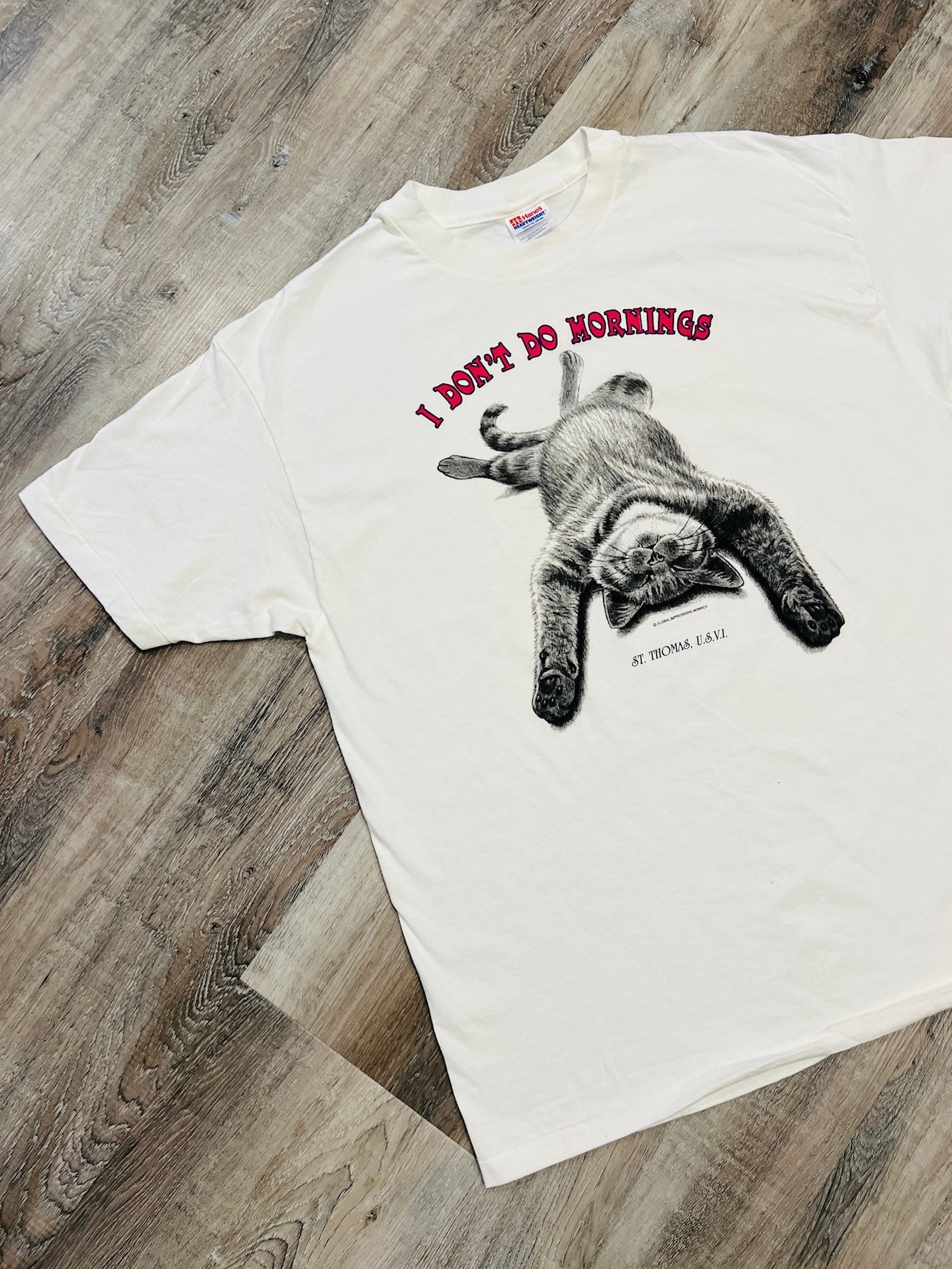 Vintage 1990s "I Don't Do Mornings" Cat Graphic Tee | XL