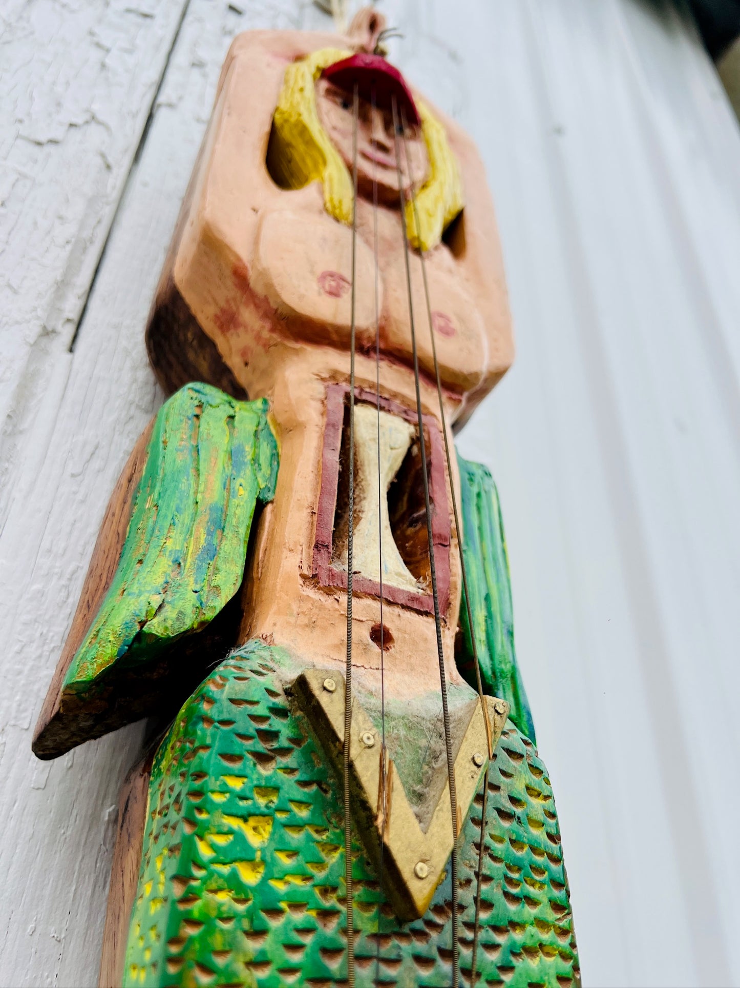 Handmade Mermaid Wood Carved Musical Instrument Folk Art