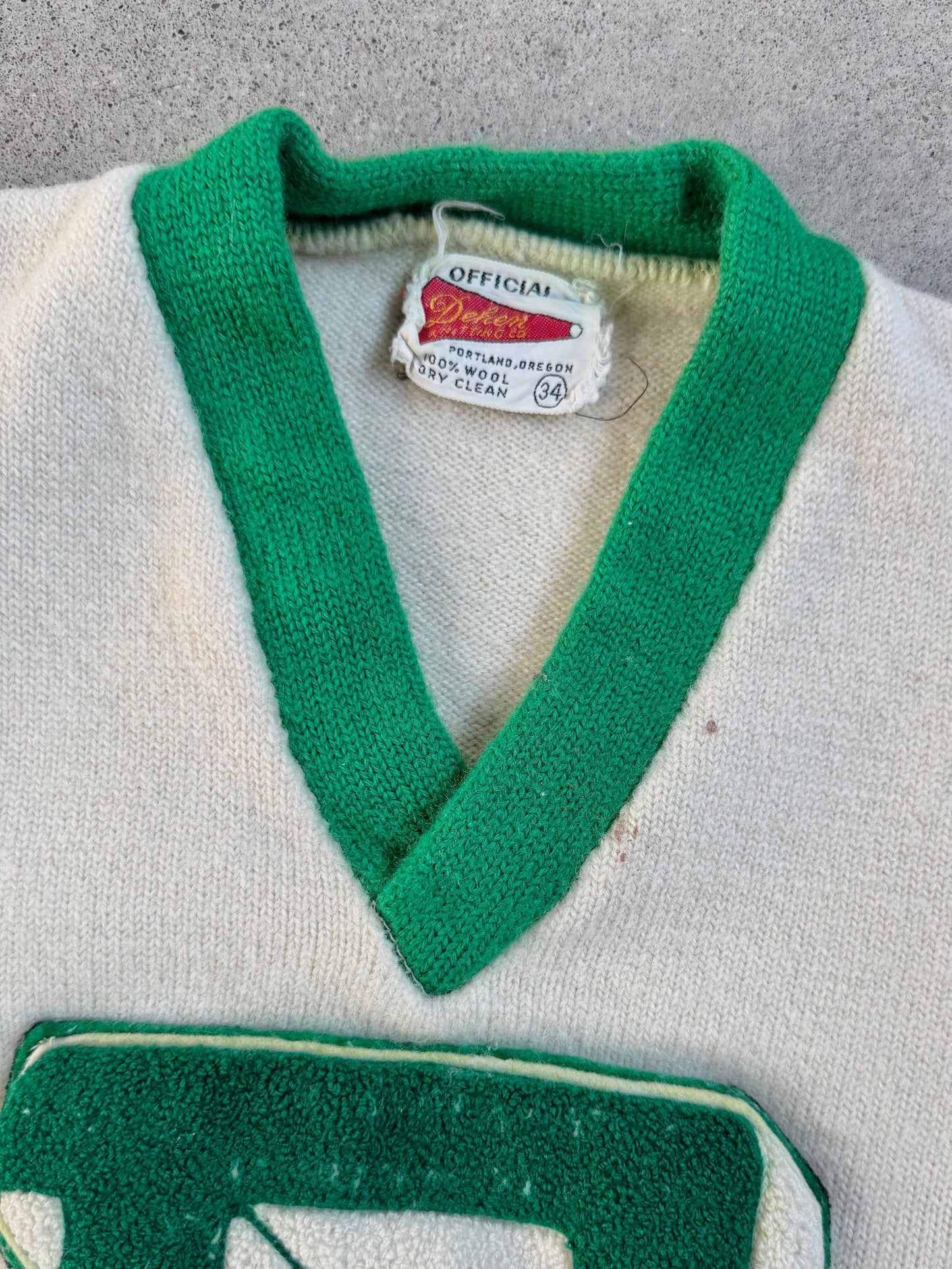 Vintage 1960s Dehen Knitting Co. Wool "F" Patch Cheer Sweater | XS