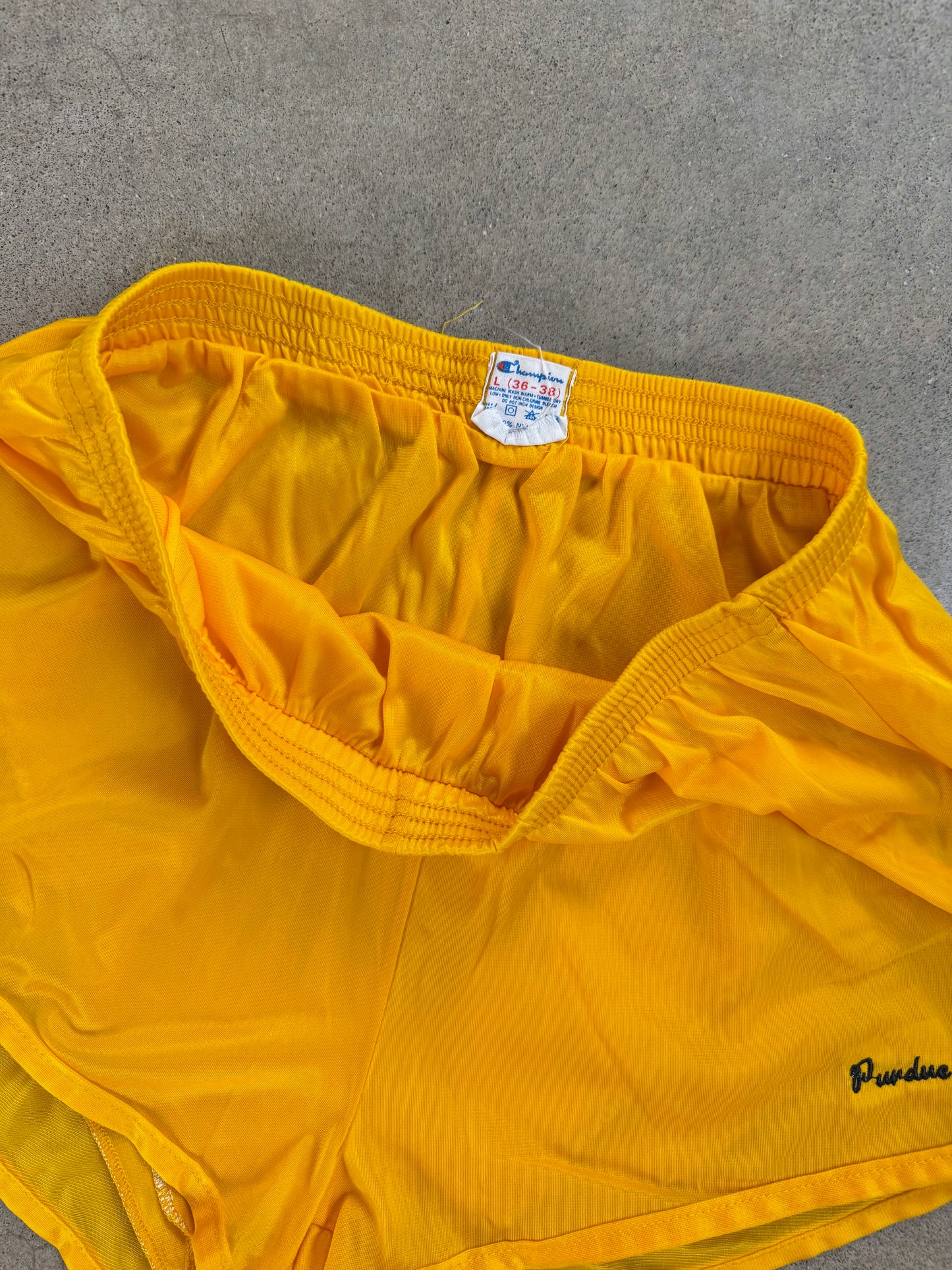 Vintage 1980s Champion Purdue University Yellow Nylon Gym Shorts | M/L