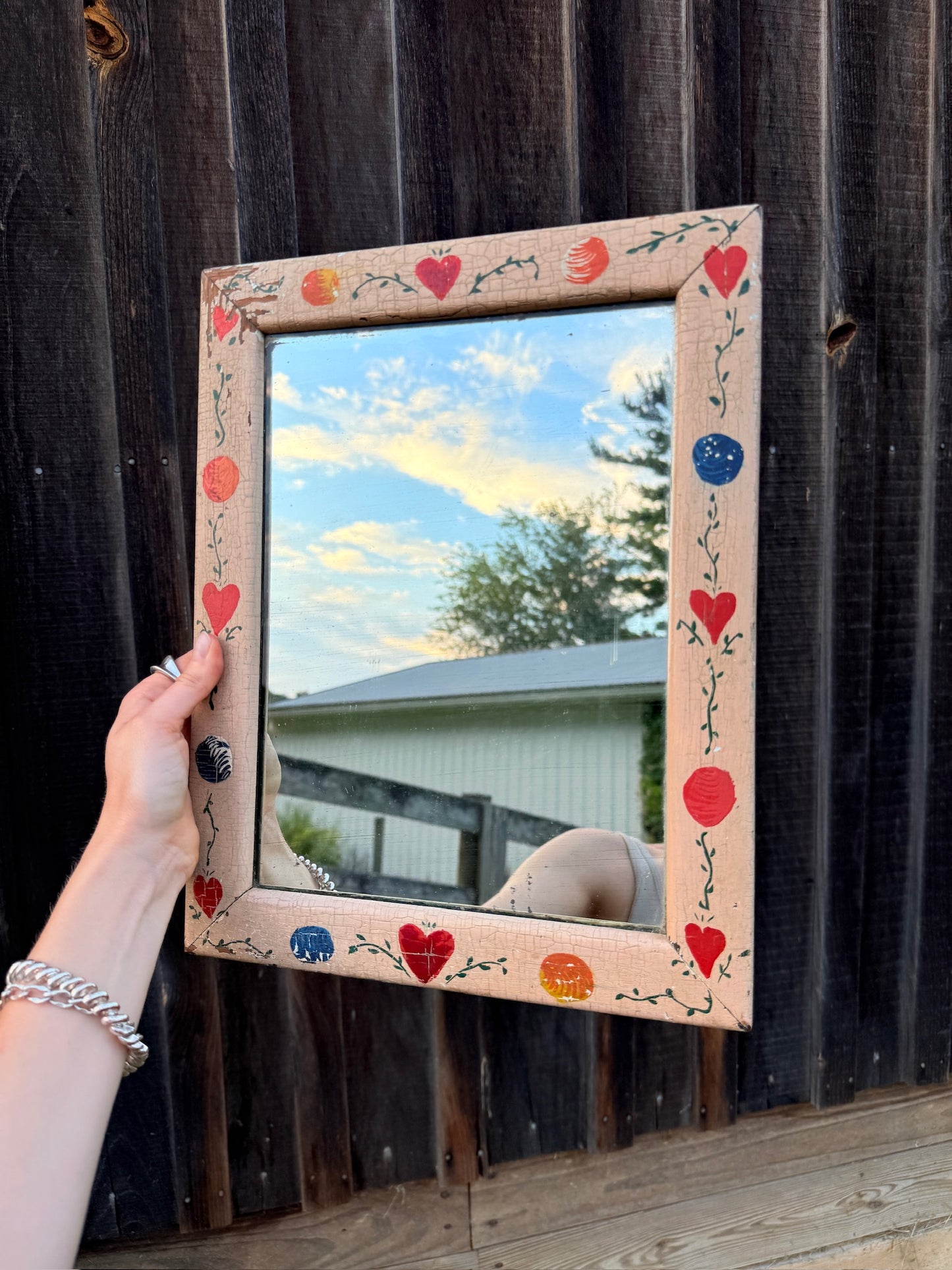Antique Wood Framed Hand-Painted Folk Art “Heart” Wall Mirror