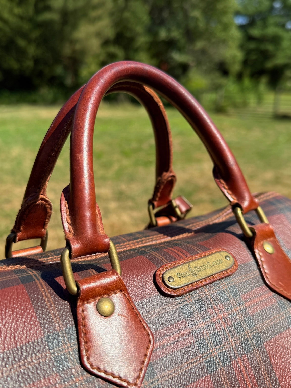 Vintage 1990s Polo Ralph Lauren Brown-Tone Plaid Leather Top Handle Bag