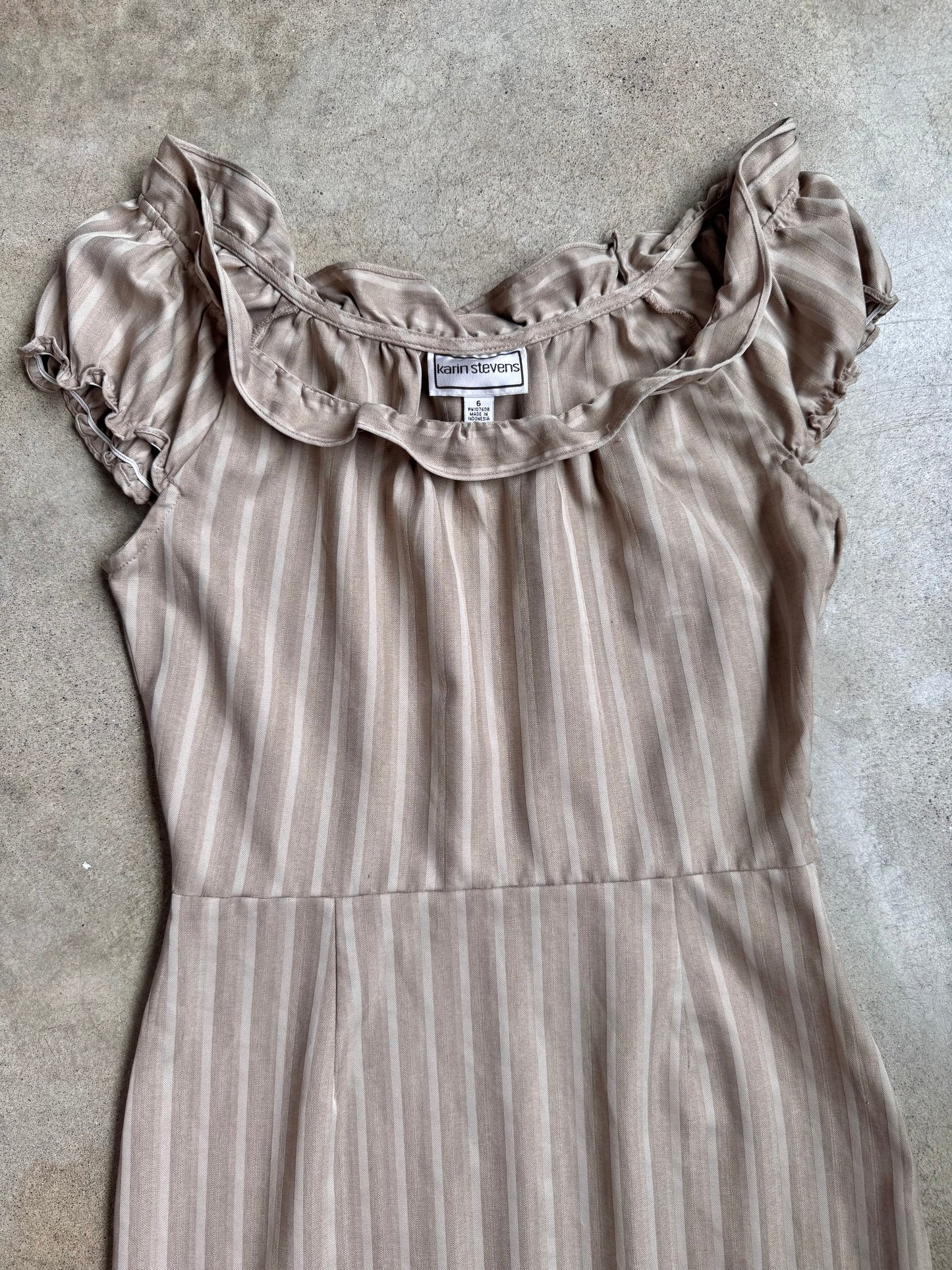 Karin Stevens Beige Stripe Ruffle Collar Dress | Small