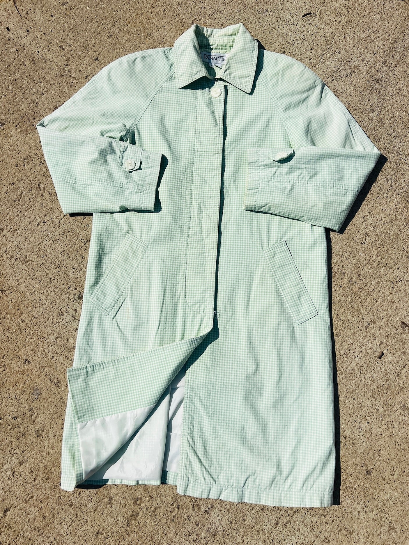 Vintage 1980s Panache Green Gingham Cotton Trench Coat | Small