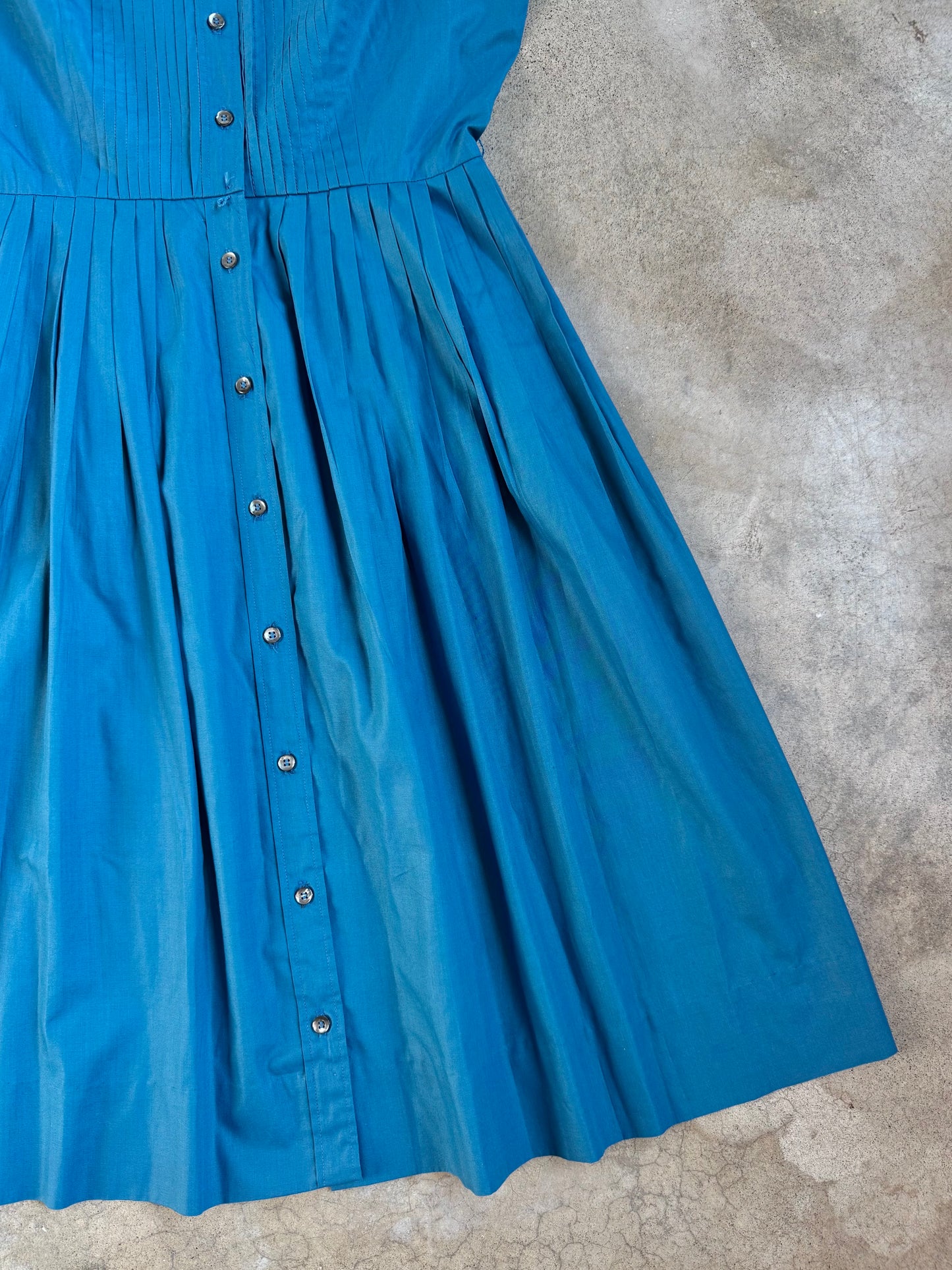 Vintage 1950s Country Miss Blue Pleated Chore Dress | Medium