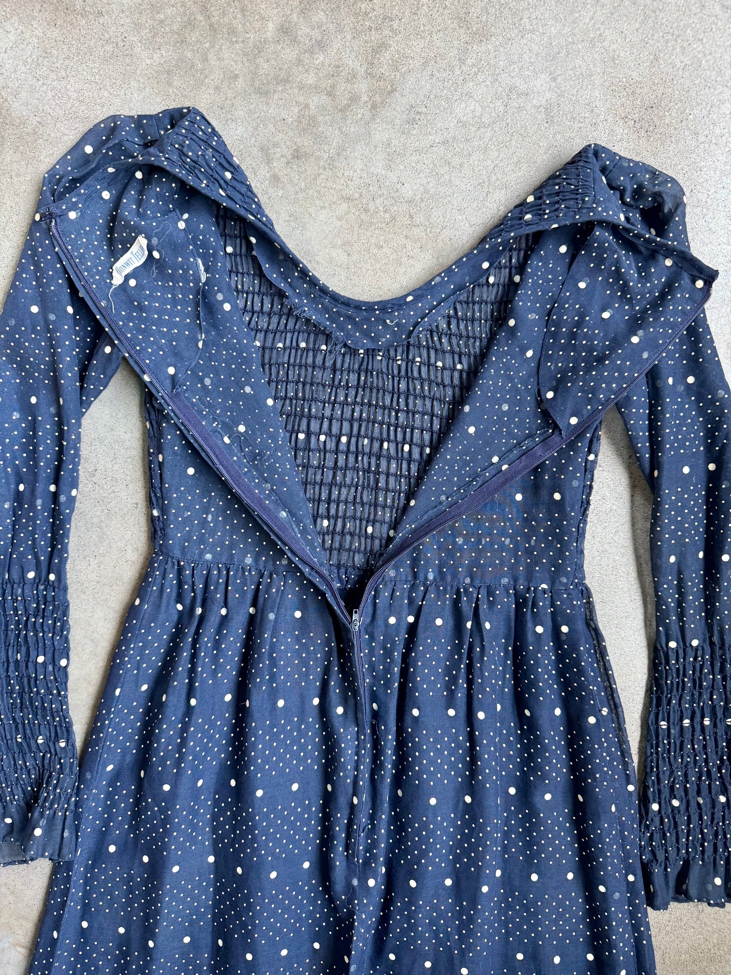 Vintage 1960s Bonwit Teller Navy Polka Dot Smocked Long Sleeve Maxi Dress | S/M