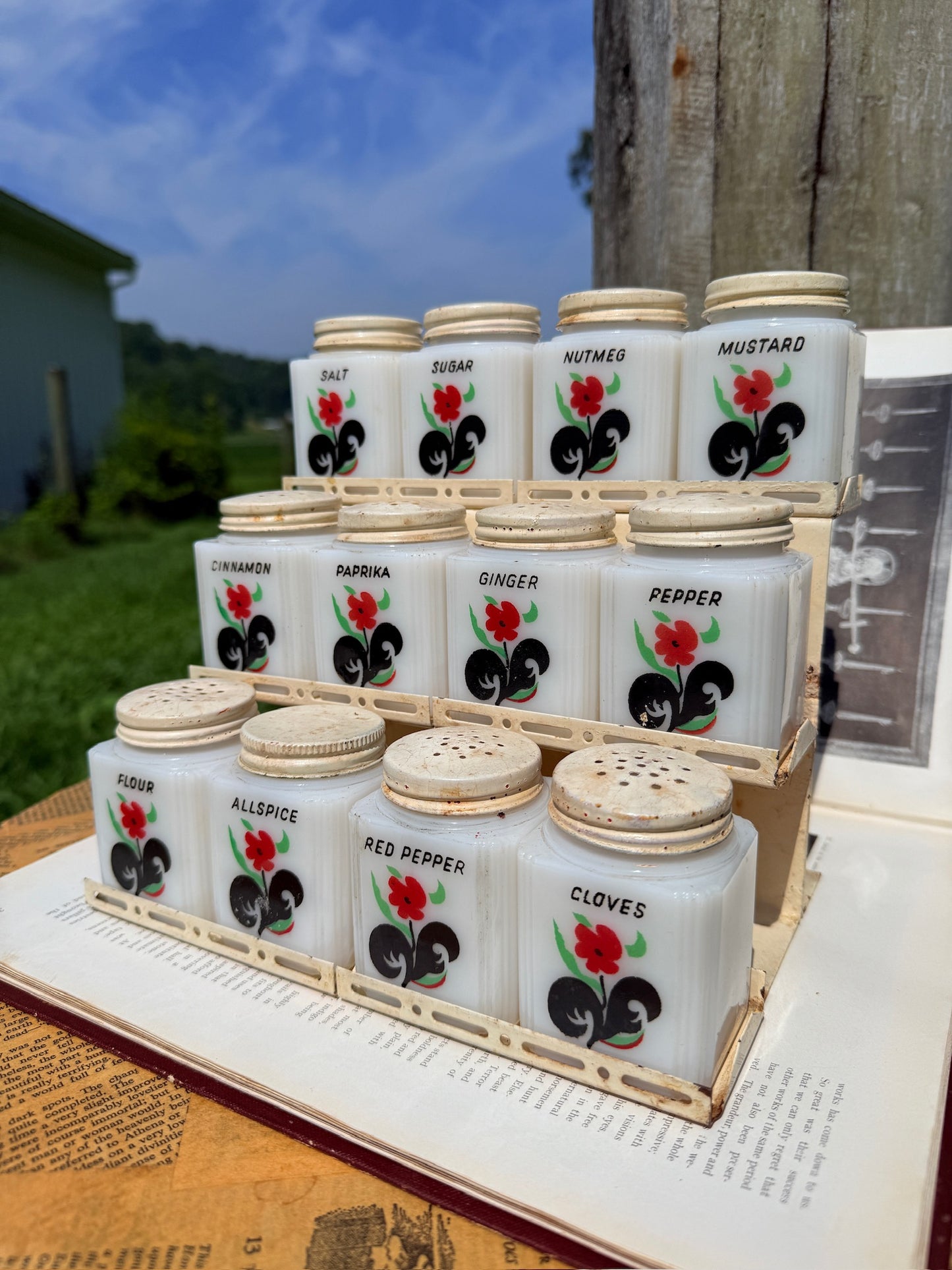 Vintage 1930s McKee Tipp City Milk Glass Spice Jar Set w/ Rack