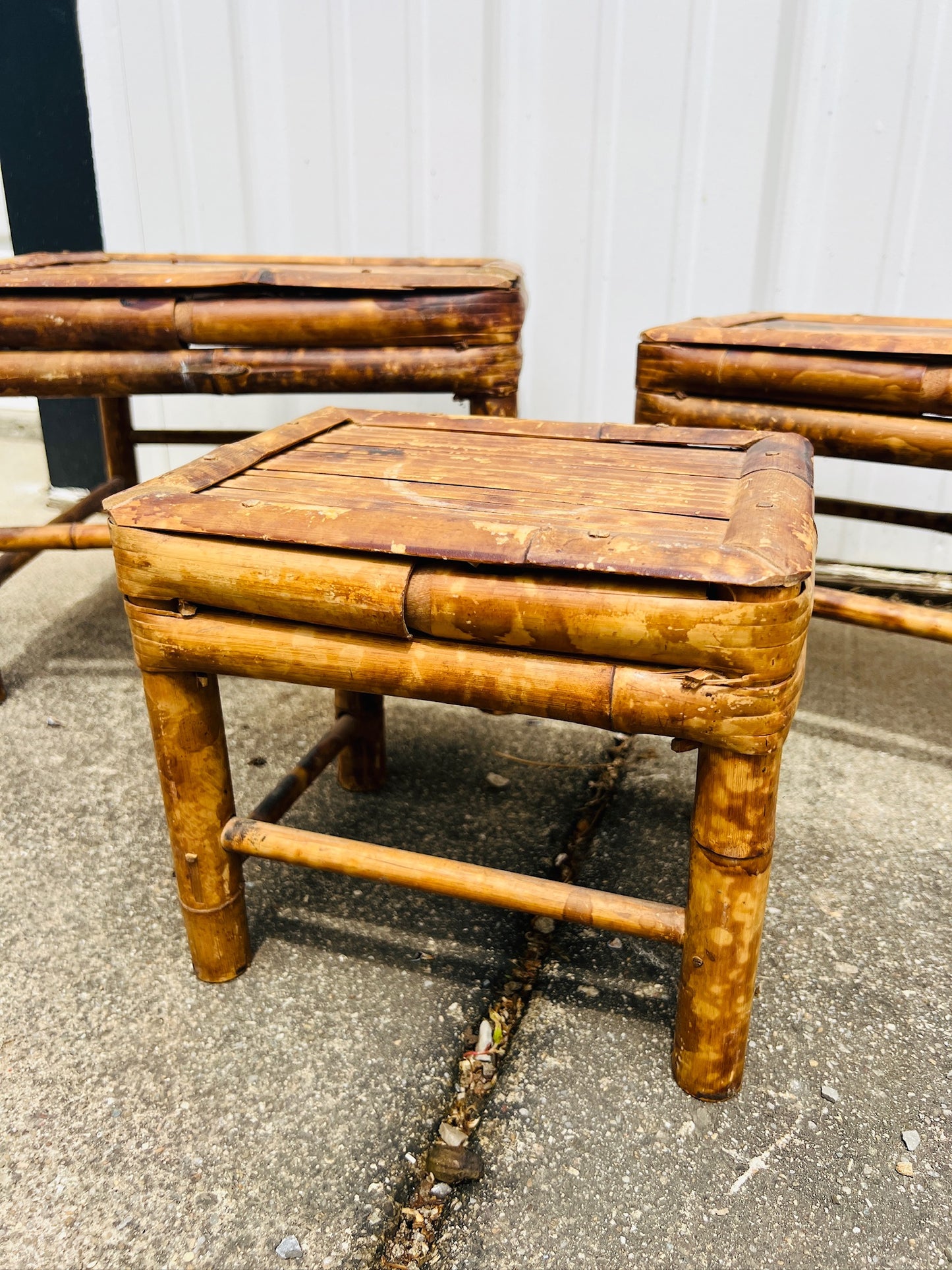 Vintage 1950s Tortoise Bamboo Planter Stools | Set of 3