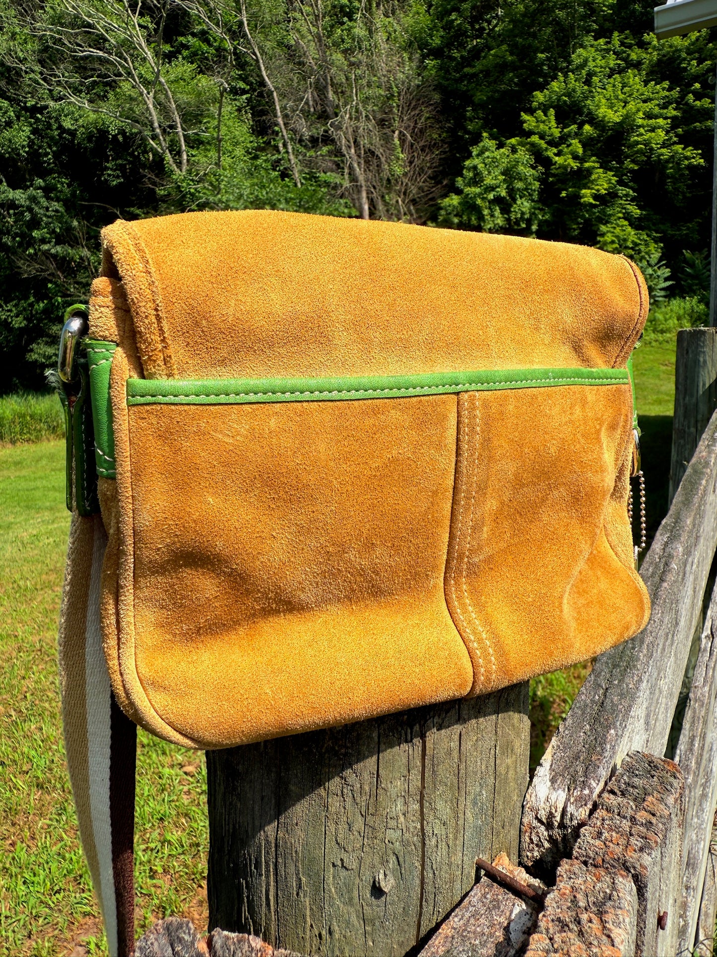 Y2K Coach Tan Suede Leather Green Accent Crossbody Bag