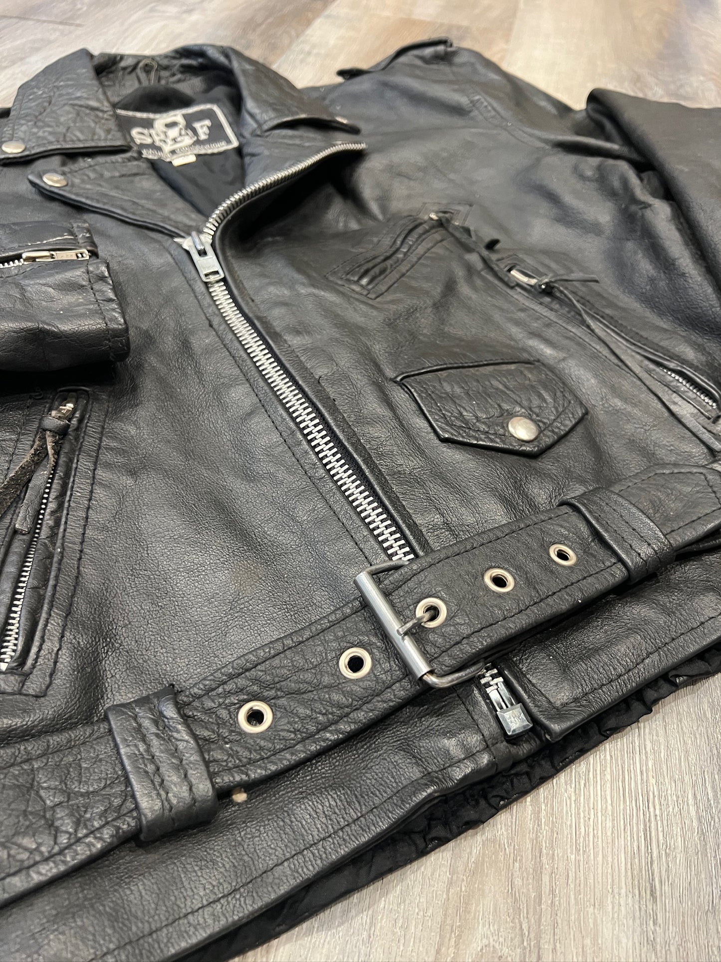 Vintage 1980s Shaf Black Leather Motorcycle Jacket | L/XL