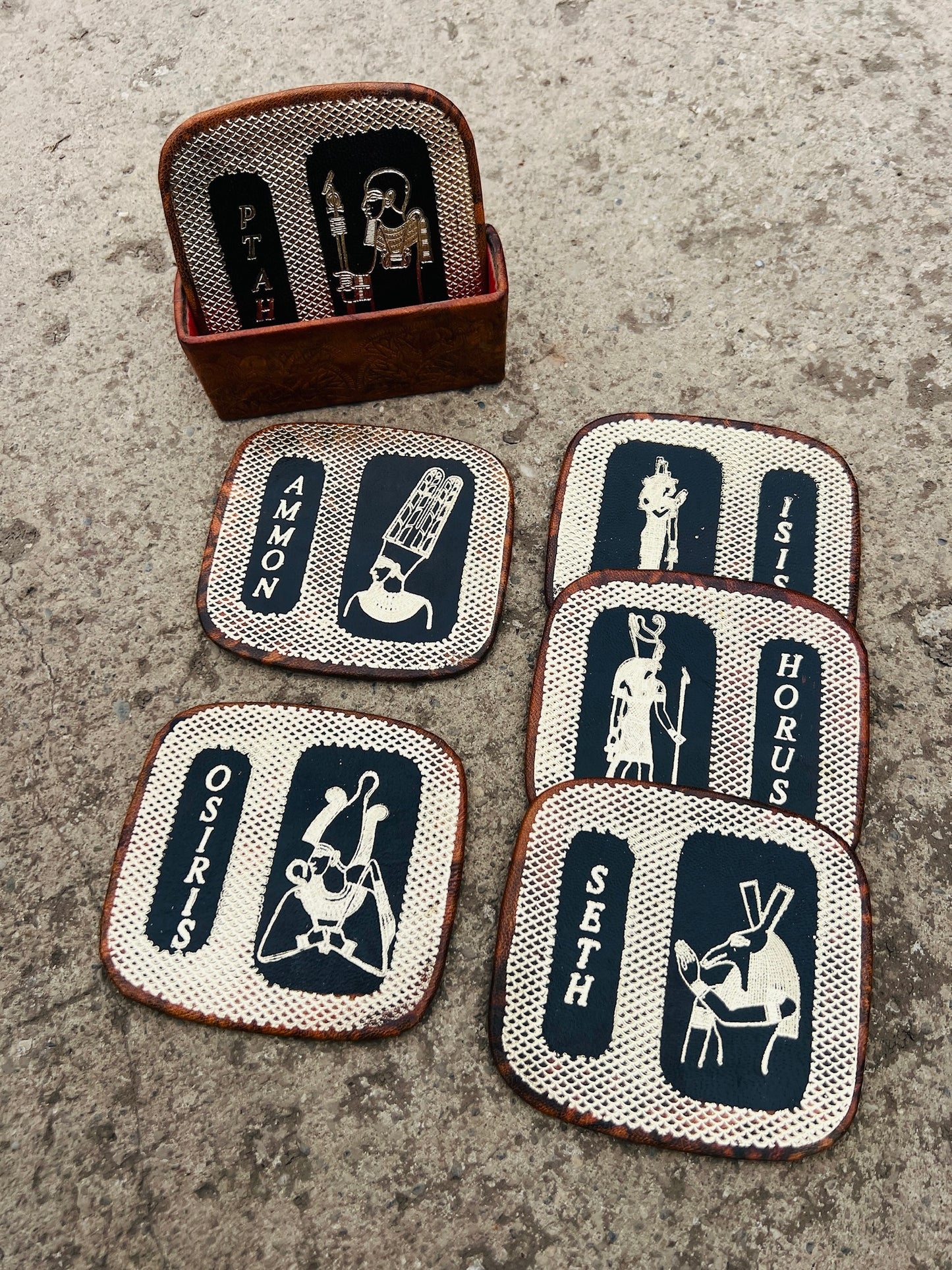 Vintage 1980s Egyptian God Leather Coaster Set