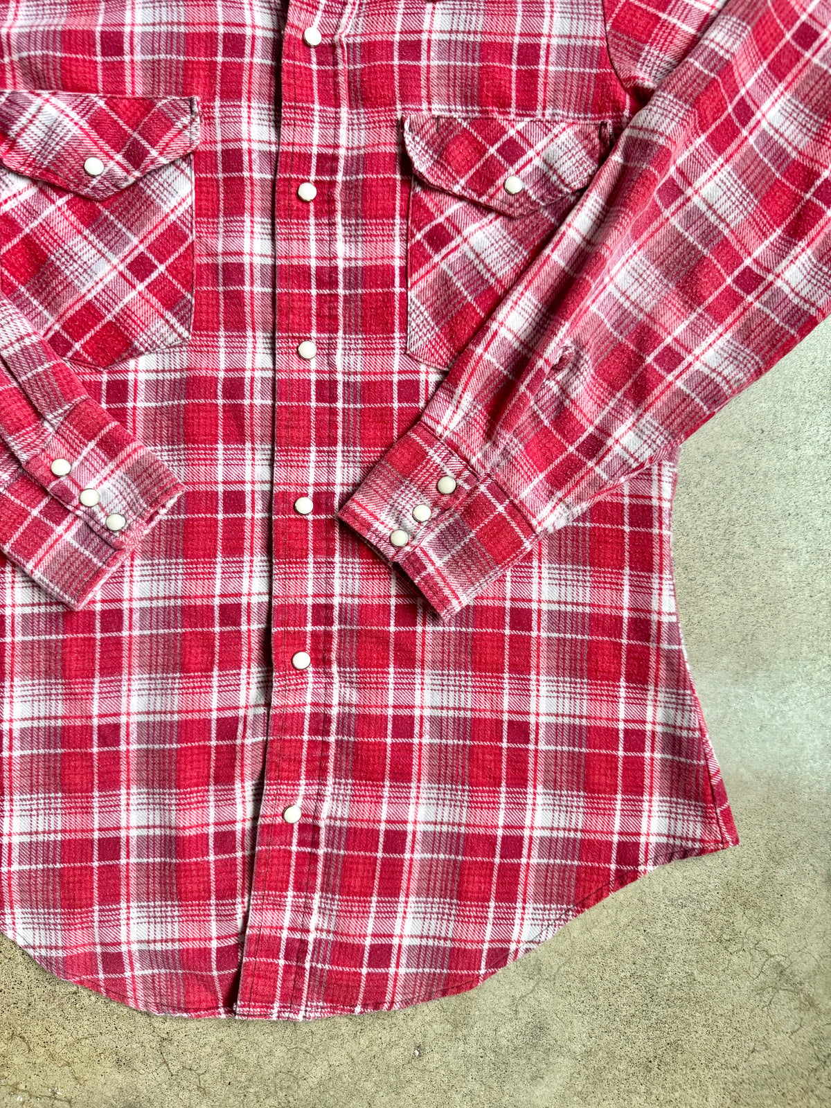 Vintage 1970s Bar-F Red & White Plaid Western Pearl Snap Flannel Shirt | Medium