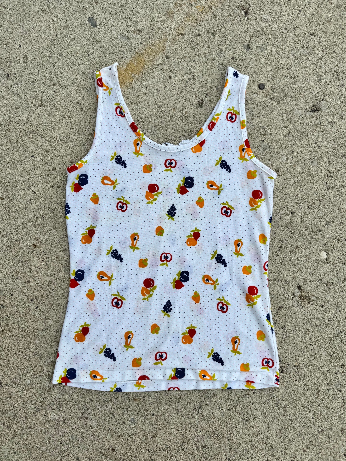 Vintage 1970s Miss Holly Fruit Print Nylon Tank Top | Large