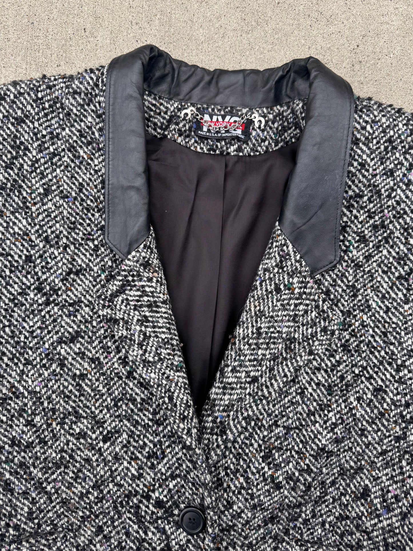 Vintage 1980s/90s New York Girl Leather Collar Tweed Overcoat | M/L