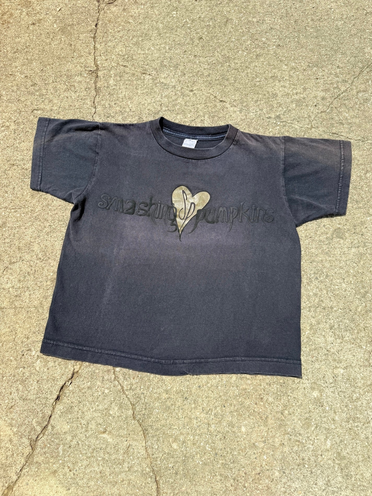 Vintage 1990s Smashing Pumpkins Washed Black Cropped Band Tee | Small
