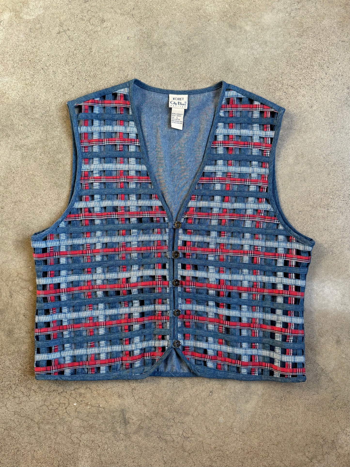 Vintage 1990s Koret City Blues Denim Lattice Woven Vest | Large