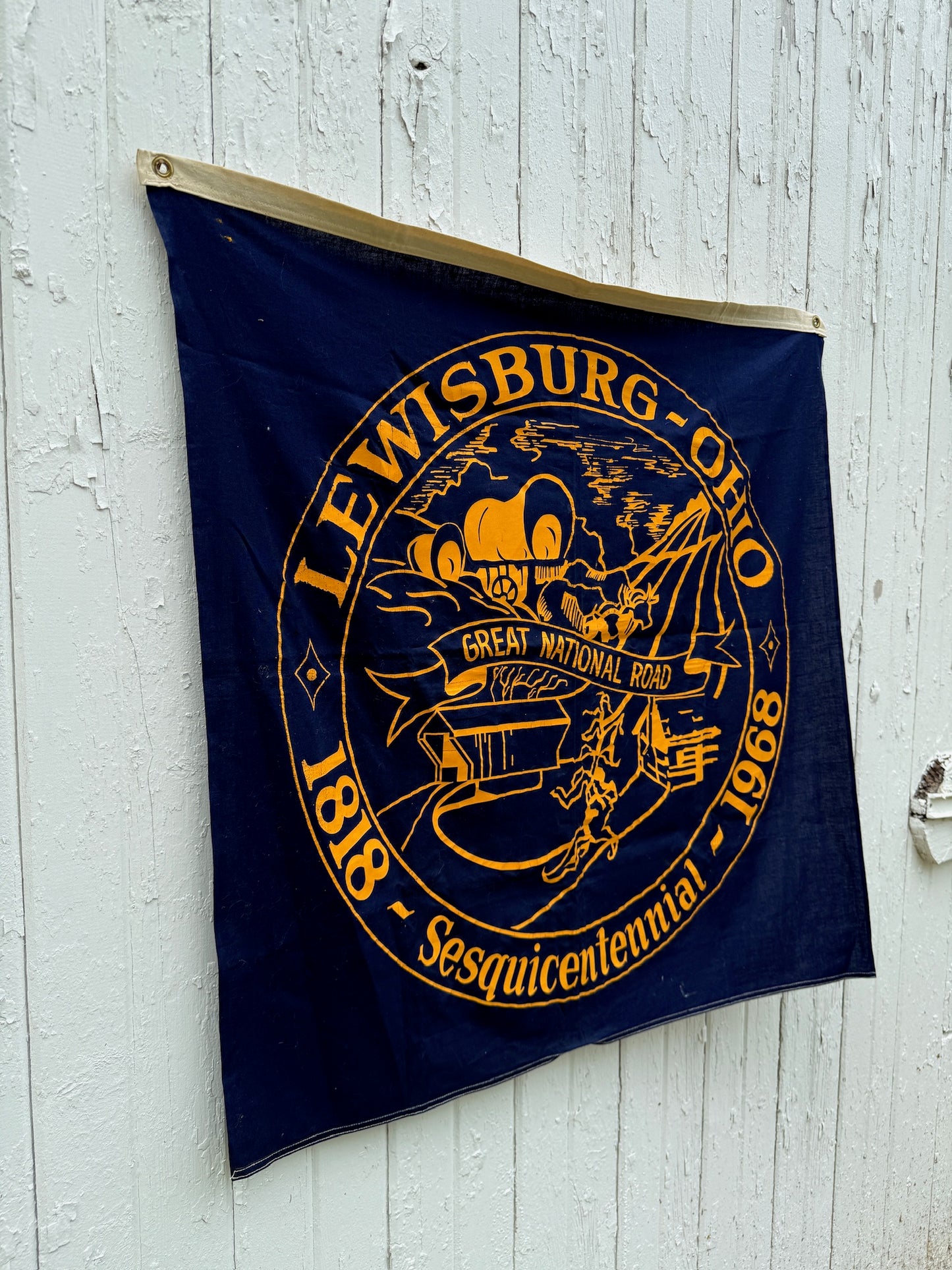 Vintage 1968 Navy Blue Lewisburg OH Sesquicentennial Banner